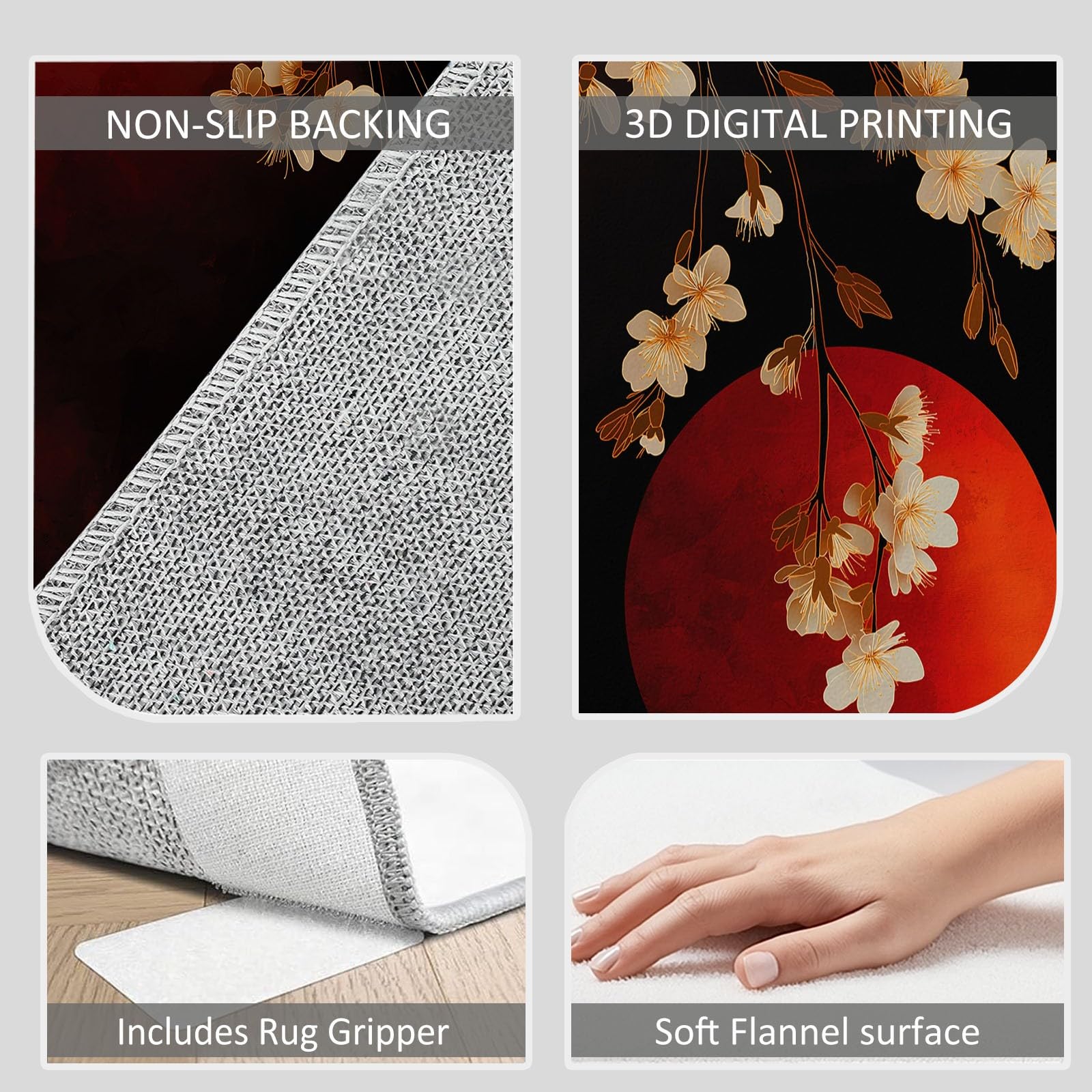 Antidérapante Tapis de Salon Chambre - Salon Super Doux Salle à Manger Faux Tapis en Laine, Motif Fleurs crème Soleil Rouge Style Japonais Rug Décoratif Résistant Lavable Noir et Rouge 120 x 180cm