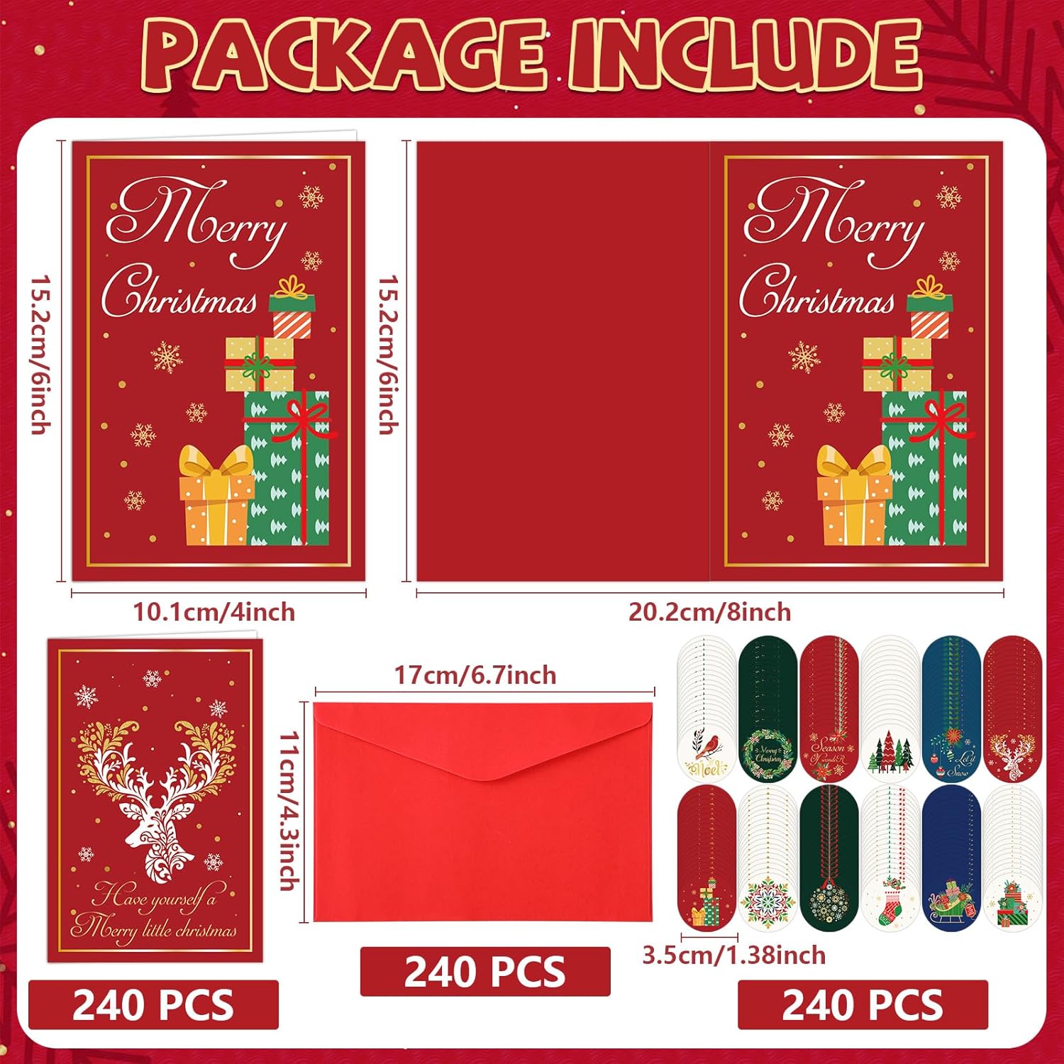 240 Sets Christmas Cards Bulk with Envelopes and Stickers Festive Gold Foil Merry Christmas Note Card Set 12 Elegant Designs Holiday Greeting Cards Blank Inside for Winter Xmas Season Gift 4x6 Inch