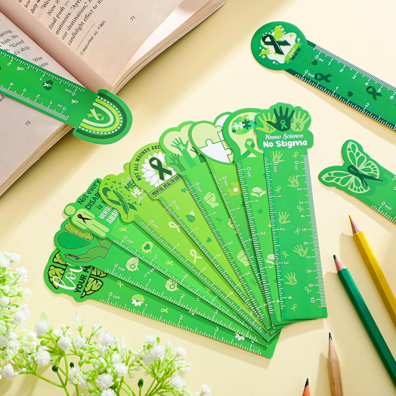 Skyygemm 120 Pcs Mental Health Awareness Bookmarks Ruler Bulk Gifts Green Positive Psychology Affirmations Therapy Inspirational Spiritual Gifts Mental Health Month Events Book Markers for Students image 2