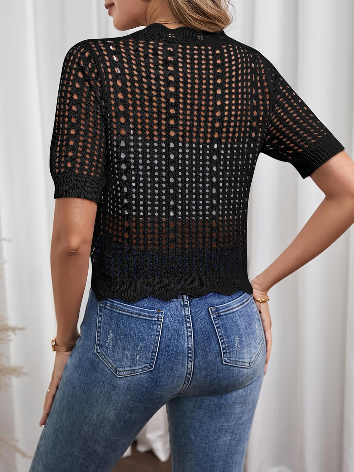 Women Bolero Shrug Casual Short Sleeve Cropped Sweater Cardigan Summer Beach Knit Tie Front Crochet Tops - Image 4