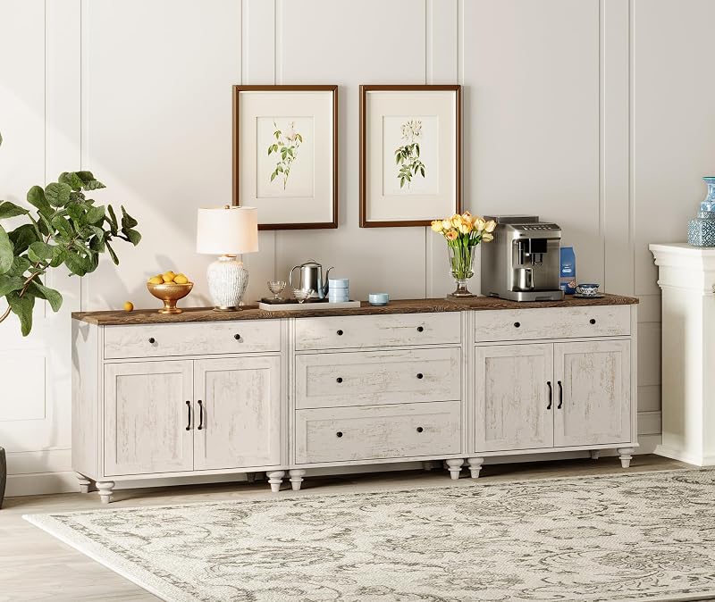 WAMPAT 3-in-1 TV Stand for 100 Inch TV with Drawers & Doors, Rustic White image 3