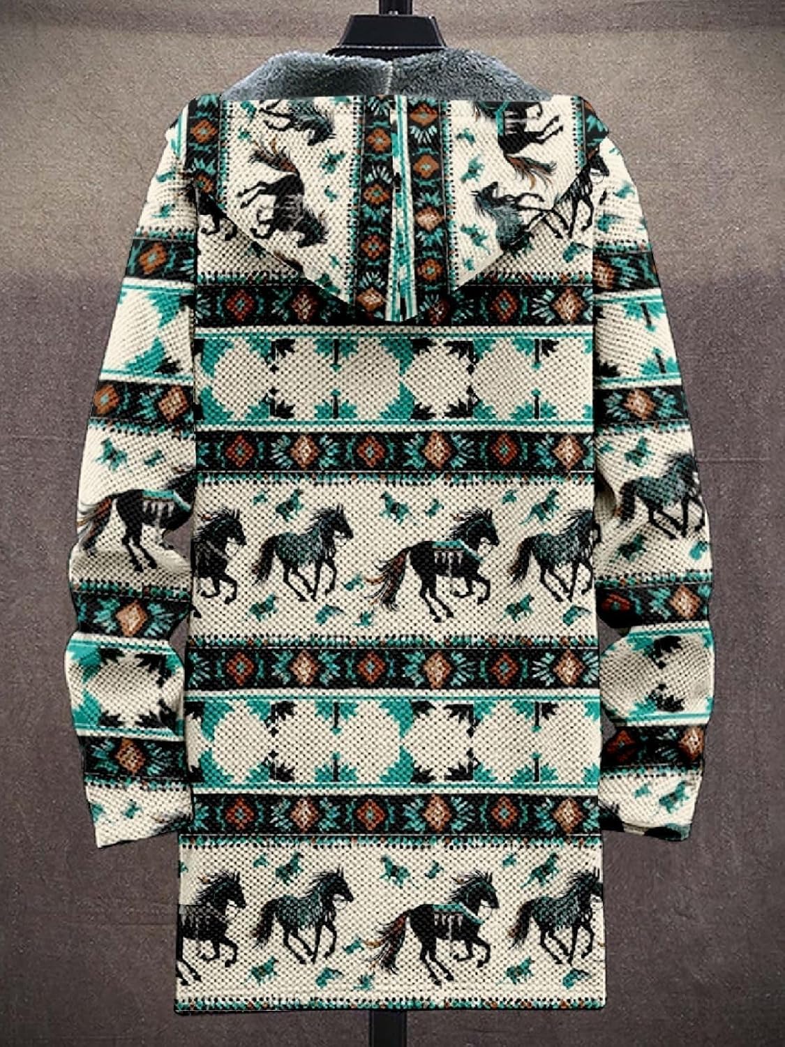 2025 Men's Ethnic Pattern Hooded Jacket Long Cardigan Hoodies Full Zip Vintage Knitted Zipper Coat with Pocket - Image 2