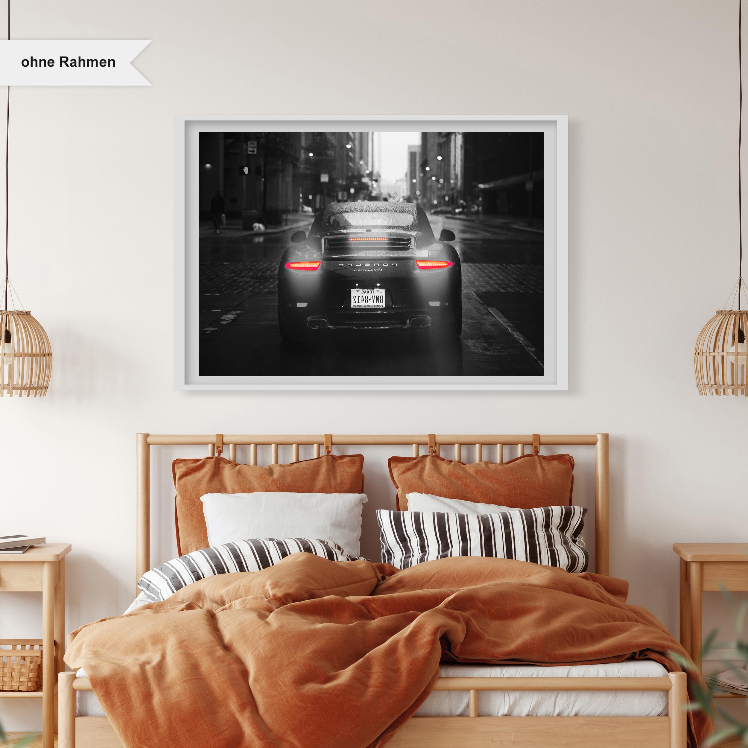 Poster Lumières de voiture rouges la nuit, noir et blanc, noir et blanc, photographie, impression d'art sans cadre, peinture murale - A4, A3, A2, A1, A0, XXL - Salon, Chambre, Cuisine, Décoration