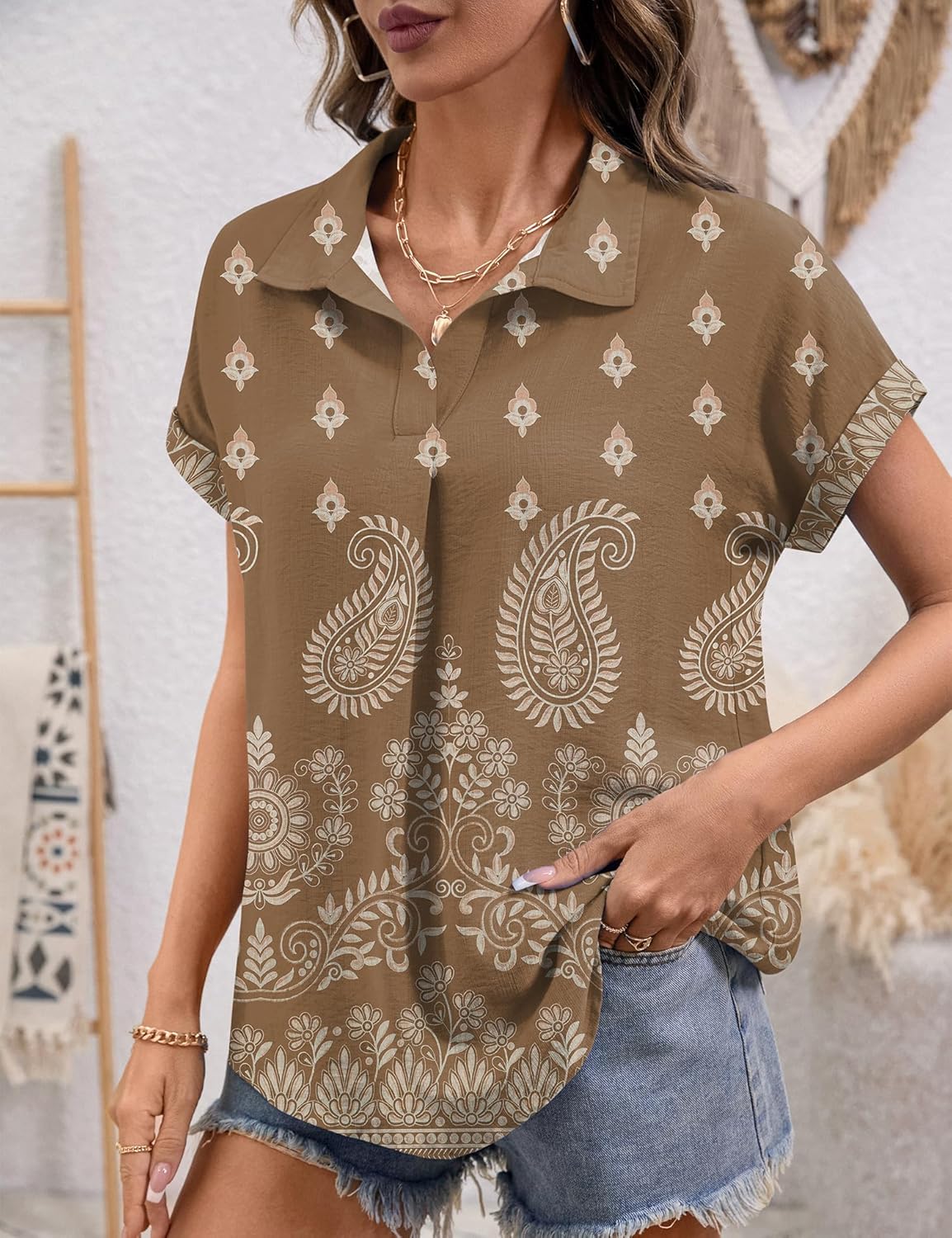 LOMON Womens Summer Clothes Womens Easter Shirt Trendy Tops Spring Top Dressy Summer Tops for Women 2026 Coffee Floral M - Image 3