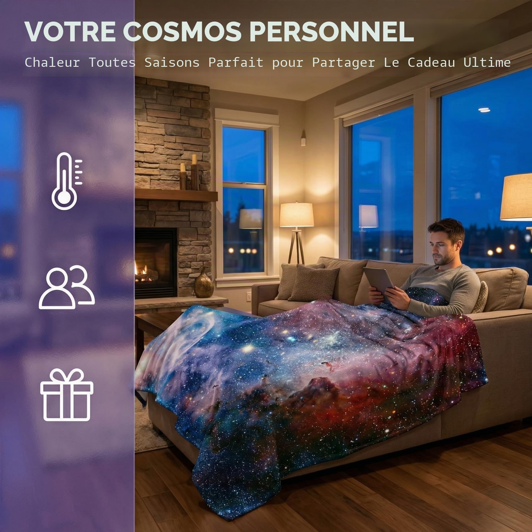 Couverture de Canapé Spatiale, Couverture Polaire Galaxie Couverture Peluche Confortable pour Voyage Canapé Fauteuil Lit Couples Hommes Femmes, 200 cm x 150 cm, Multicolore