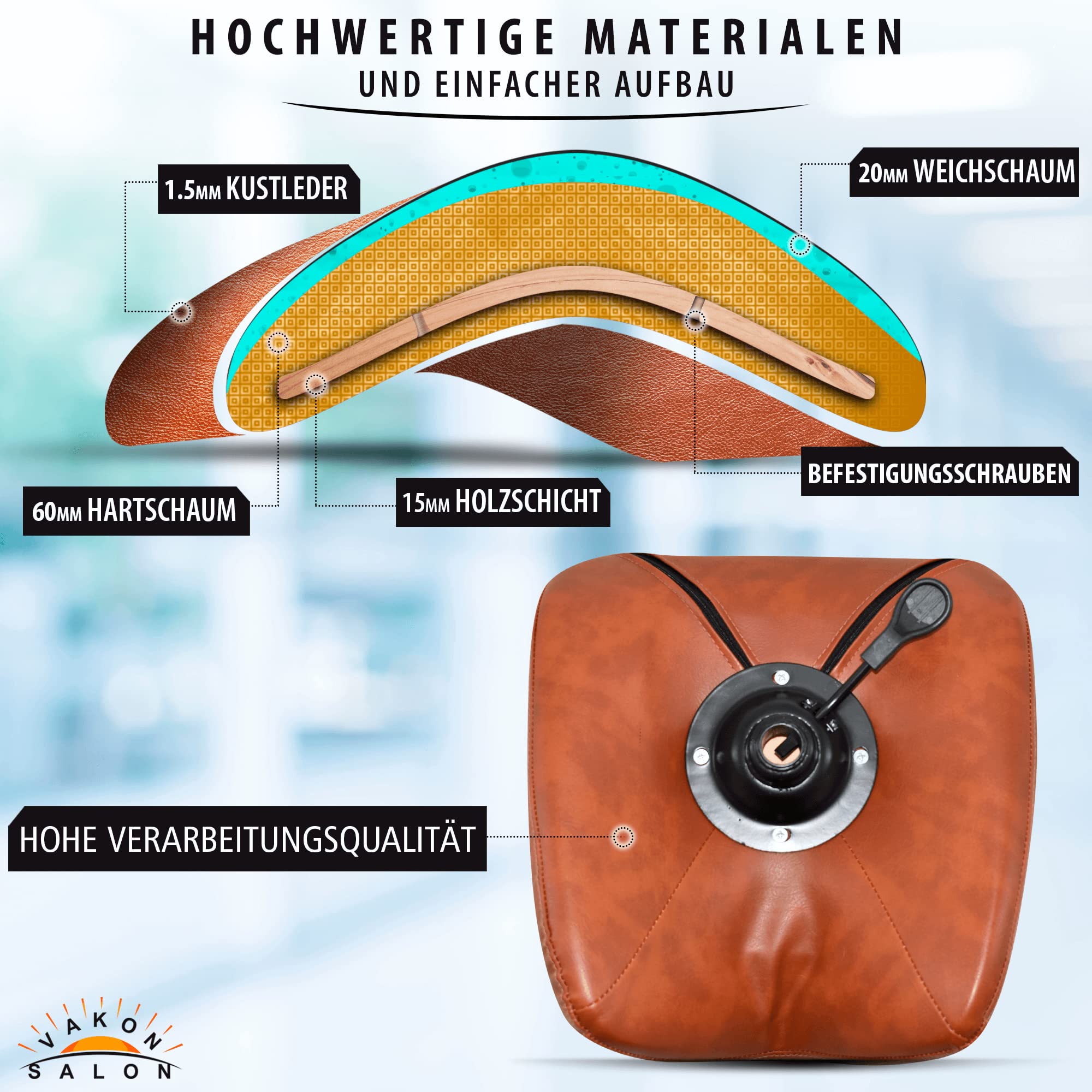 Premium Sattelhocker Hellbraun, Sattelstuhl für Rückenentlastung, Rollhocker höhenverstellbar von 55-75 cm mit Fußring, Drehhocker, Praxishocker, Bürohocker, Arbeitshocker