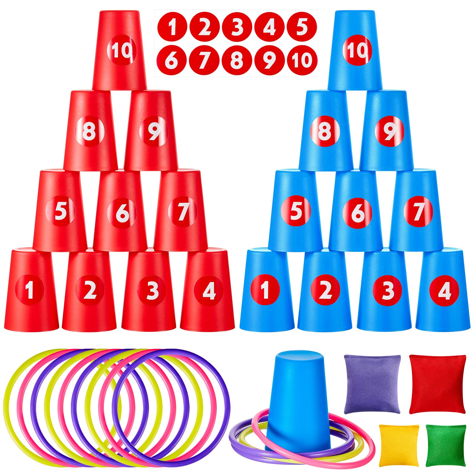 54 Pezzi Giochi di Lancio per Feste 3 in 1 Gioco di Lancio per Bambini 20 Bicchieri Impilabili 10 Anelli 20 Adesivi Numerici 4 Sacchi di Fagioli per Compleanno Attività all'Aperto Giardino