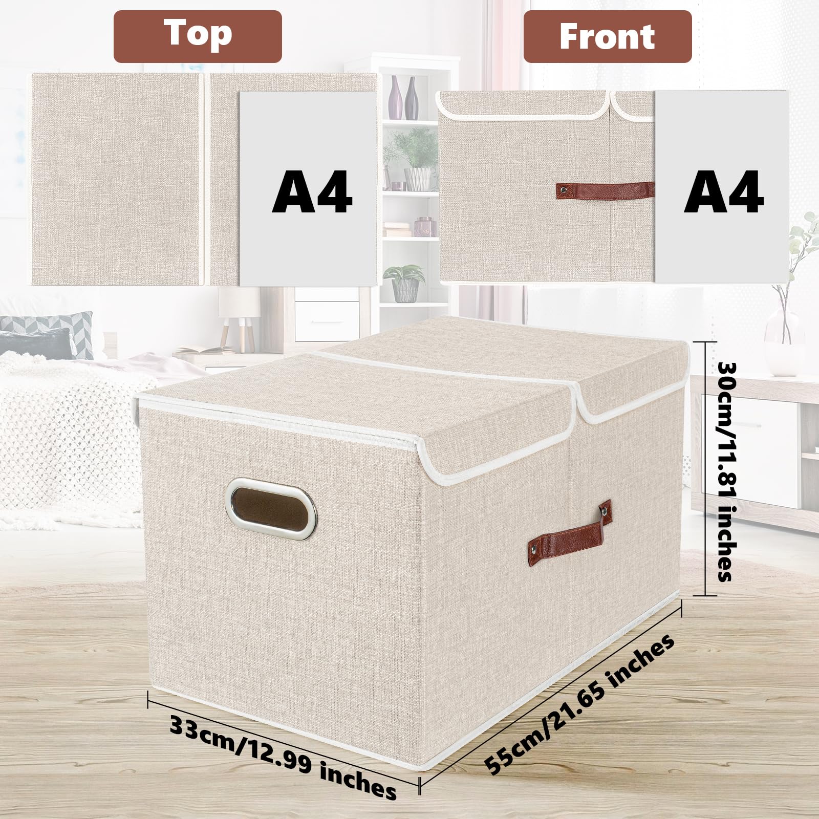 TYEERS Caja de Almacenaje con Compartimentos Extra Grande, Tela, Plegable, Caja Organizadora, 55x33x30 cm, Juego de 3, Beige