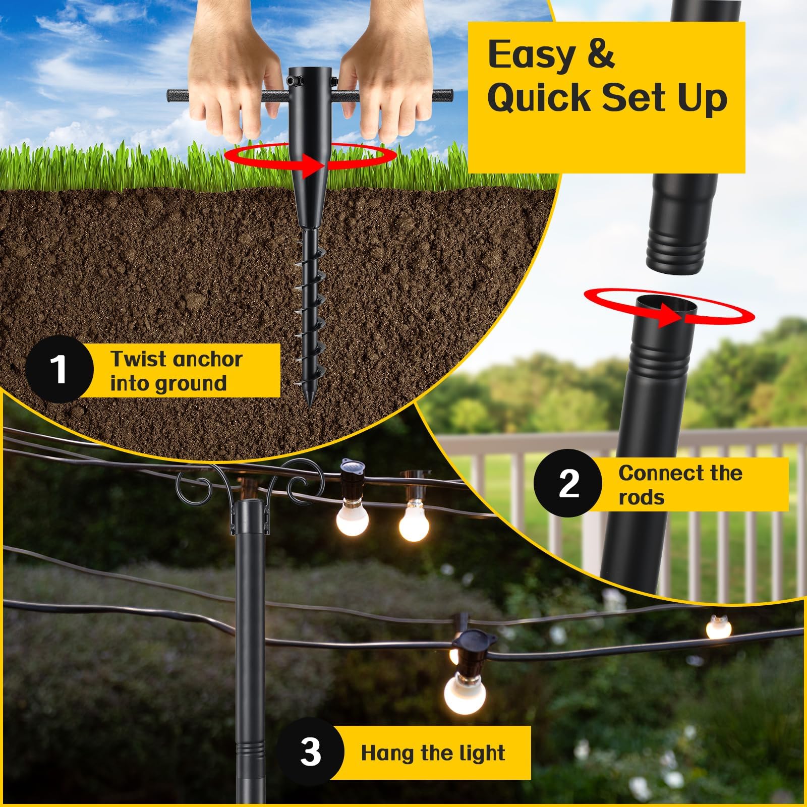 Schäferhaken für Beleuchtungen, Lichterkette Stangen Außen Schwarz, 38mm Robuste Stangen für Außenlichterkette, Metall Lichterkettenmast für Terrasse Hof Garten Hochzeit Party, 10FT(3m)