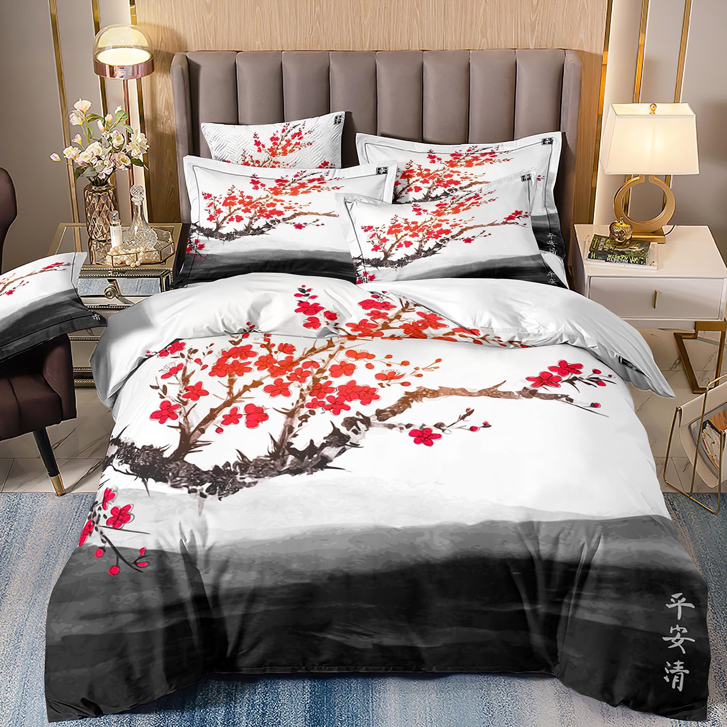 ZZTBQ Japanese Style Cherry Blossoms Super King Bed Duvet Cover and Pillow Cases Set Pink Flowers Moon Super King Bedding for Boys and Girls 260 x 220 cm — image 1