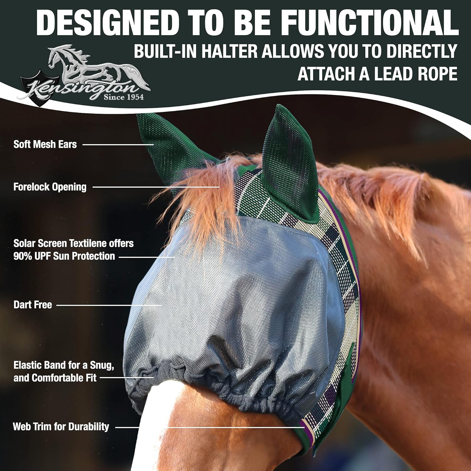 Kensington UViator Dartless Protective Fly Mask UV Eye Protection Mask for Horse with Web Trim and Soft Ears Cover - XL, Atlantis
