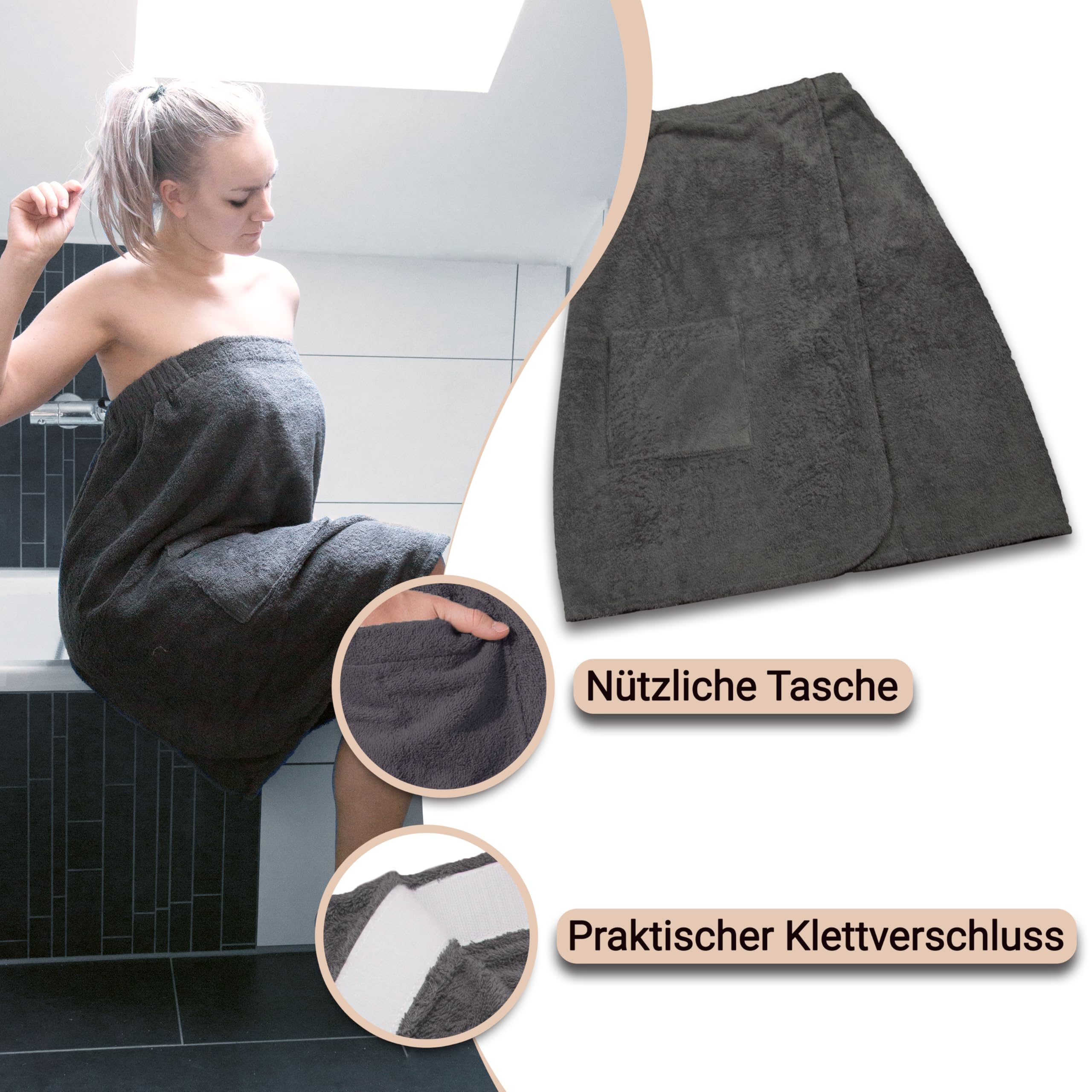 ZOLLNER Damensaunakilt in grau - hautfreundlich und saugstark - Baumwolle - mit Gummizug und Klettverschluss - Größe S/M - waschbar bis 60°C - Oeko Tex® zertifiziert