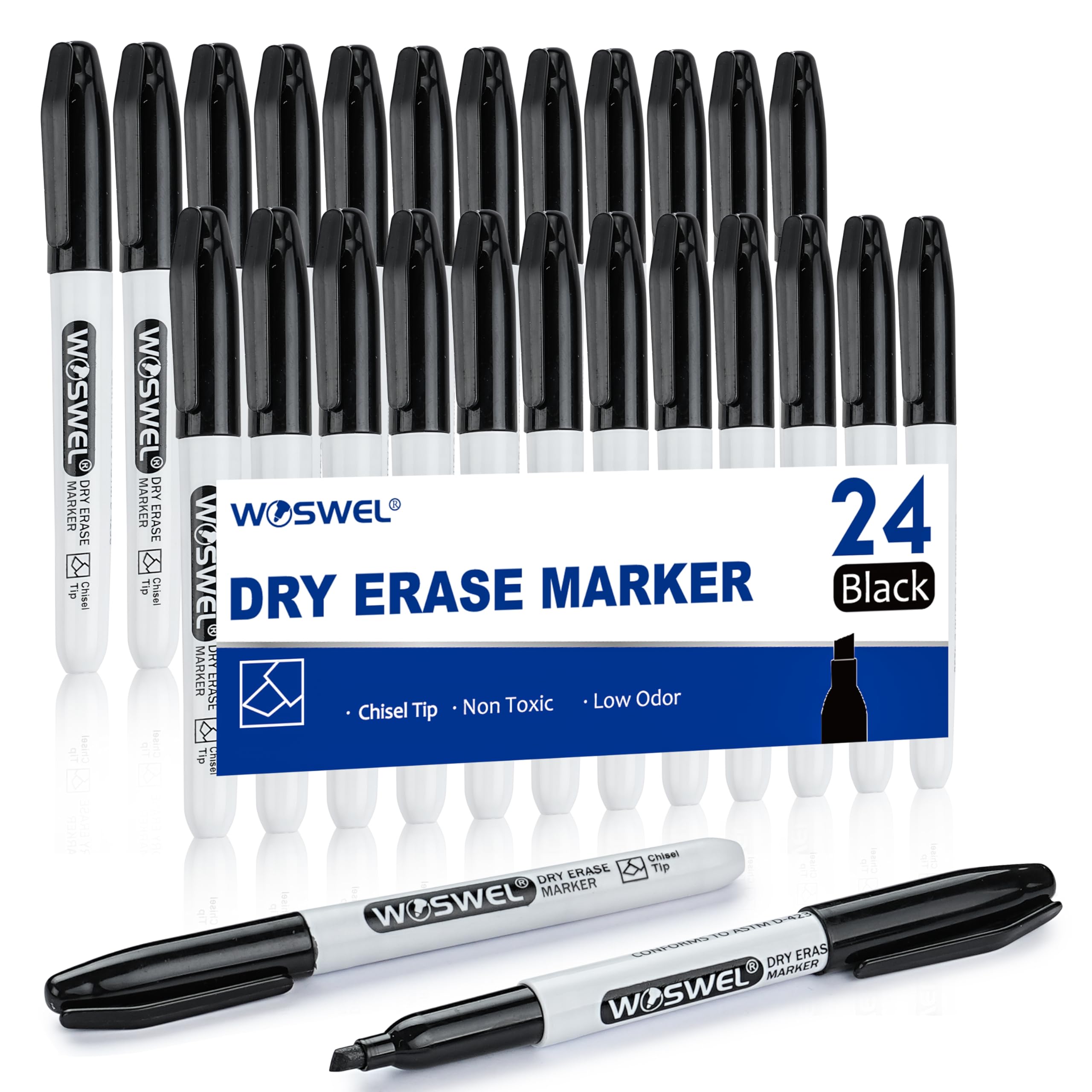 WOSWEL Dry Erase Markers 24 Pack Black Chisel Tip Whiteboard Markers Chisel Point Low Odor Dry Erase Marker