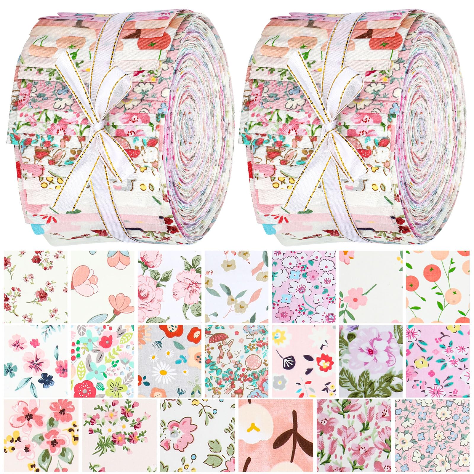 Hosuly 40 Pcs Pink Floral Fabric Spring Jelly Fabric for Quilting Roll Pink Quilting Strips 2.55 Inch Precut Patchwork Roll for Sewing DIY Crafts