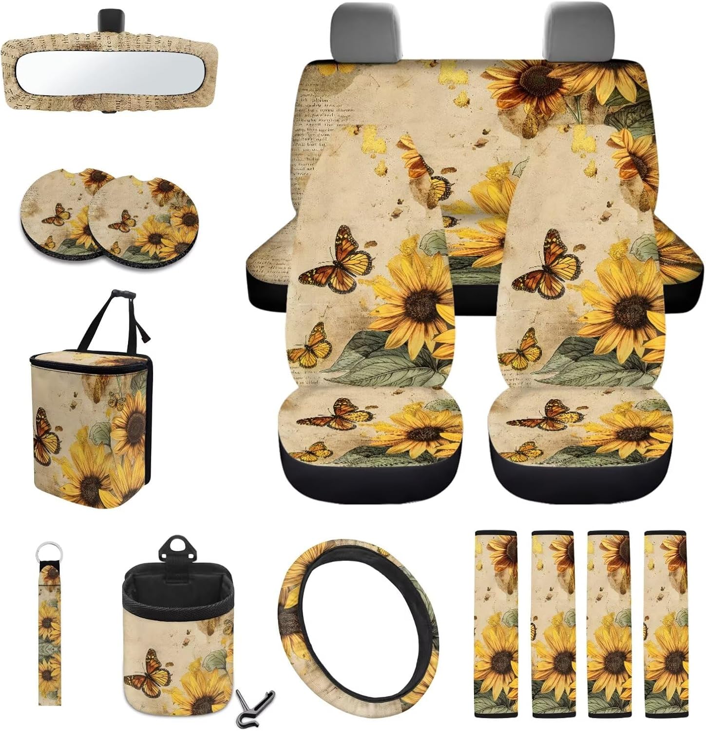 Butterfly Sunflower Print Car Accessories Sets of 15 Anti-Slip Car Trash Bin Auto Air Vent Pouch Steering Wheel Cover Seat Belt Pad Cup Holders Rearview Mirror Seat Cover Keychain