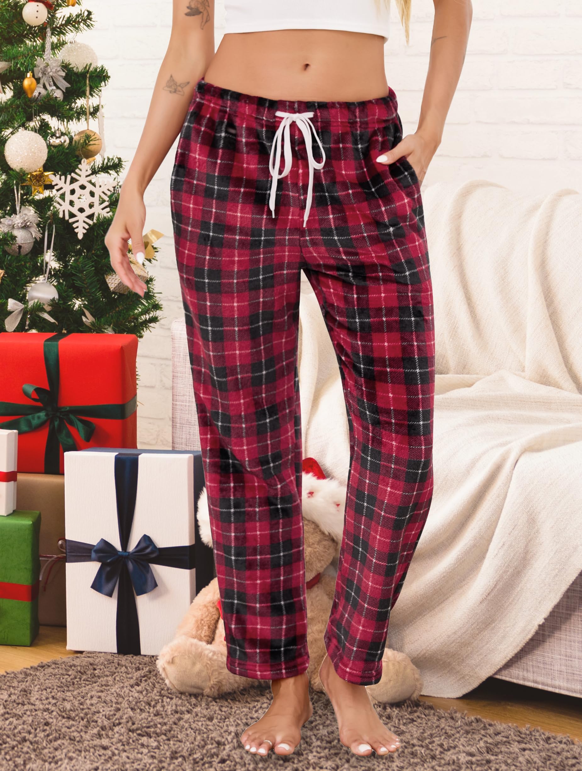 Vlazom Pantalon de Pyjama Femme Hiver Flanelle Bas de Pyjama à Carreaux avec Poche Taille Ajustable
