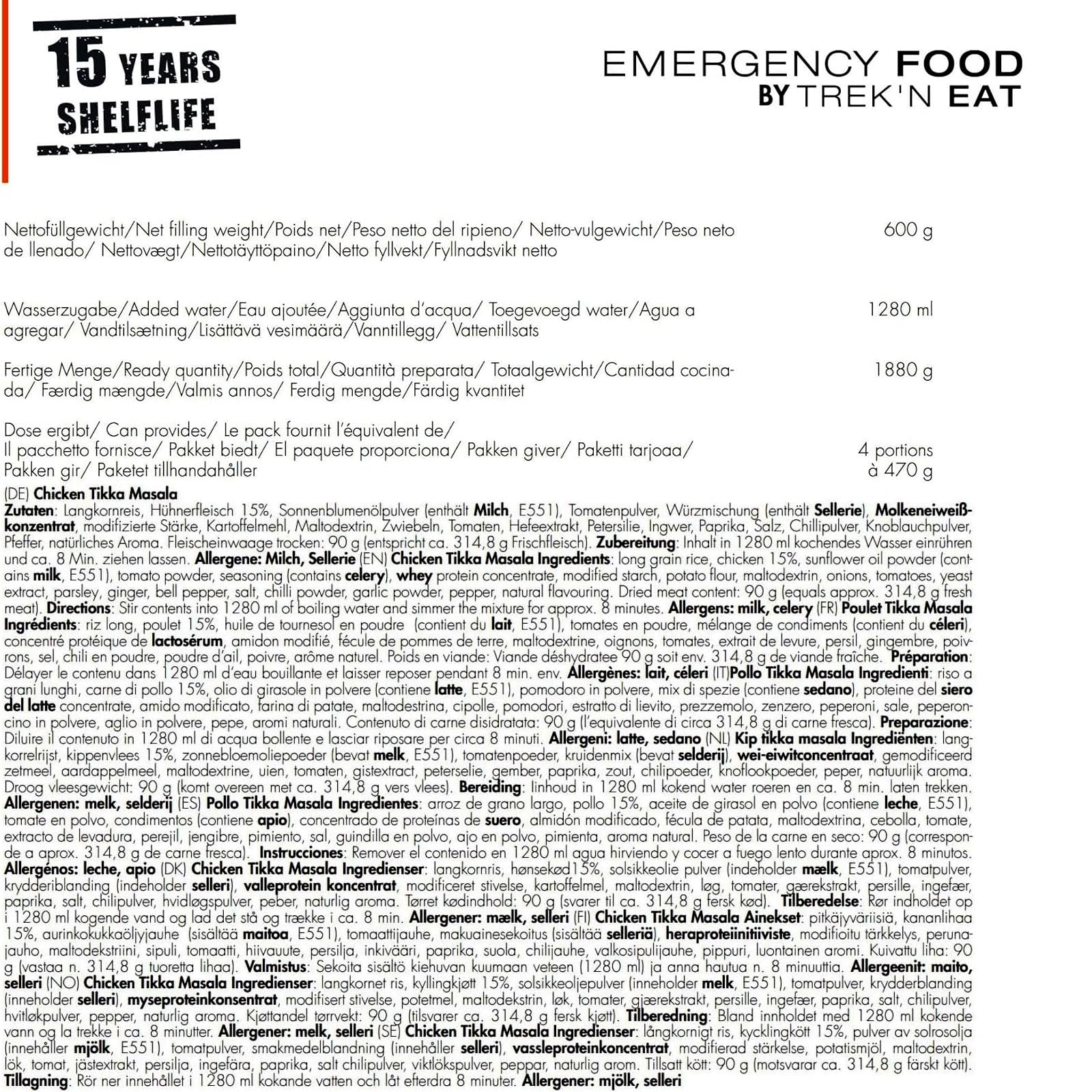 TREK'N EAT Chicken Tikka Masala Notfallnahrung 4 Portionen 15 Jahre haltbar gefriergetrocknet