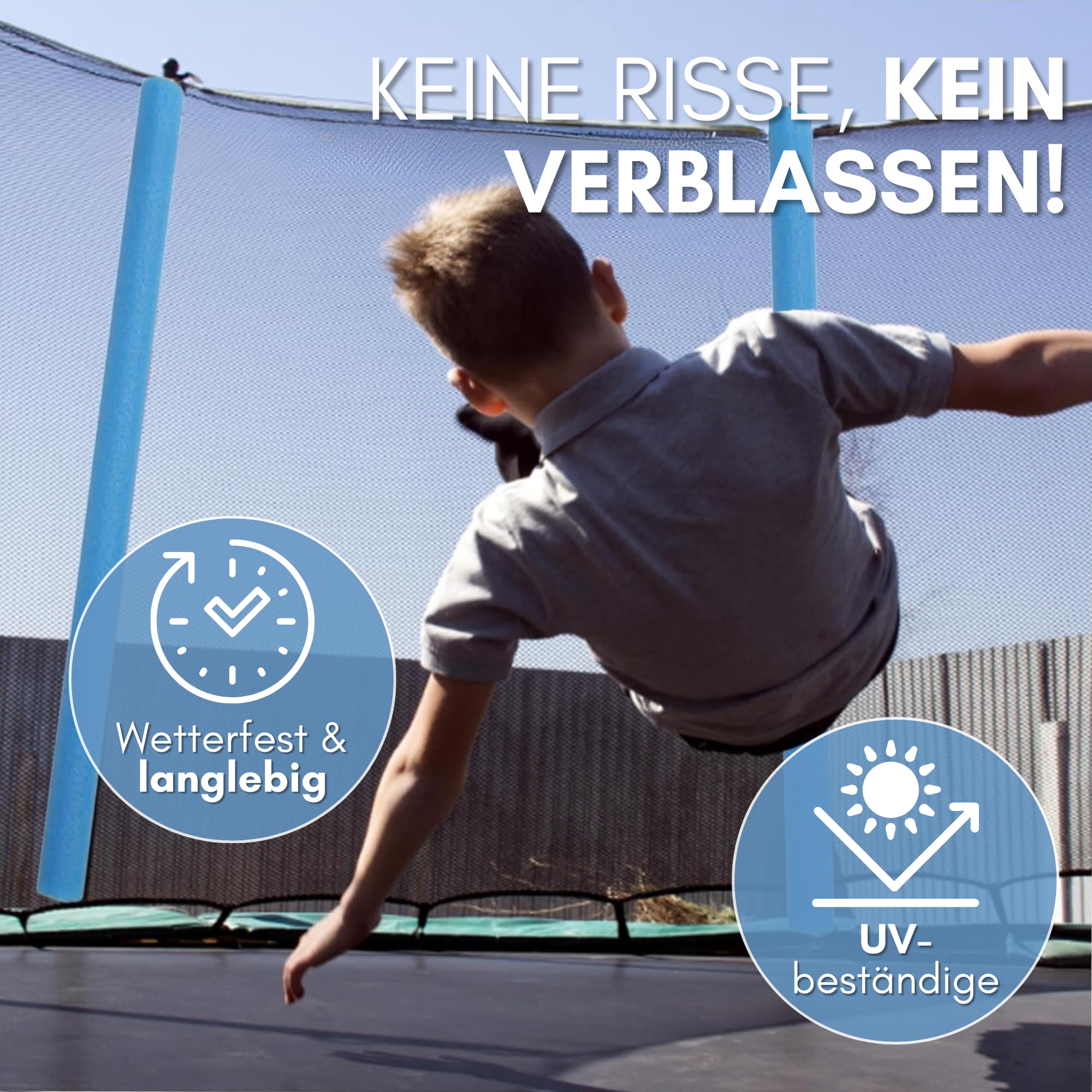 16x Trampolin Schaumstoff Rohre Polster 92cm - Stangenschutz für 8 Stangen Sicherheitsnetz inkl. Kappen – Wetterfest & Stoßdämpfend - Made in EU
