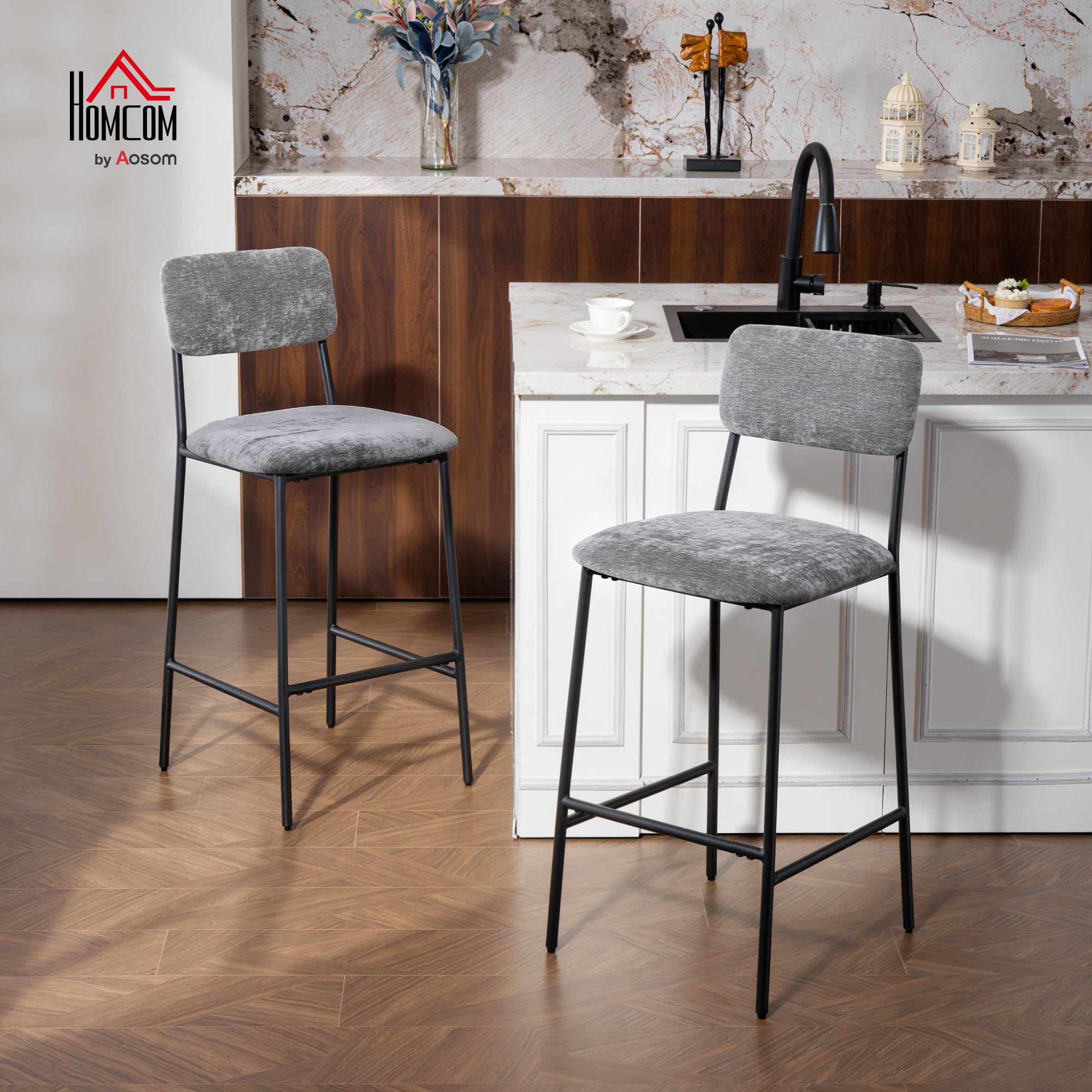 HOMCOM Lot de 2 Tabourets de Bar Tissu Chenille Assise Large 72,5Hcm Gris