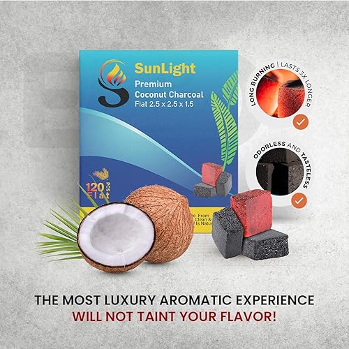 Miniatura 2 de Sunlight Premium - Planos de carbón de coco de alta calidad, 120 medios cubos (0.049 in), carbón de coco natural de larga duración, cero cenizas,