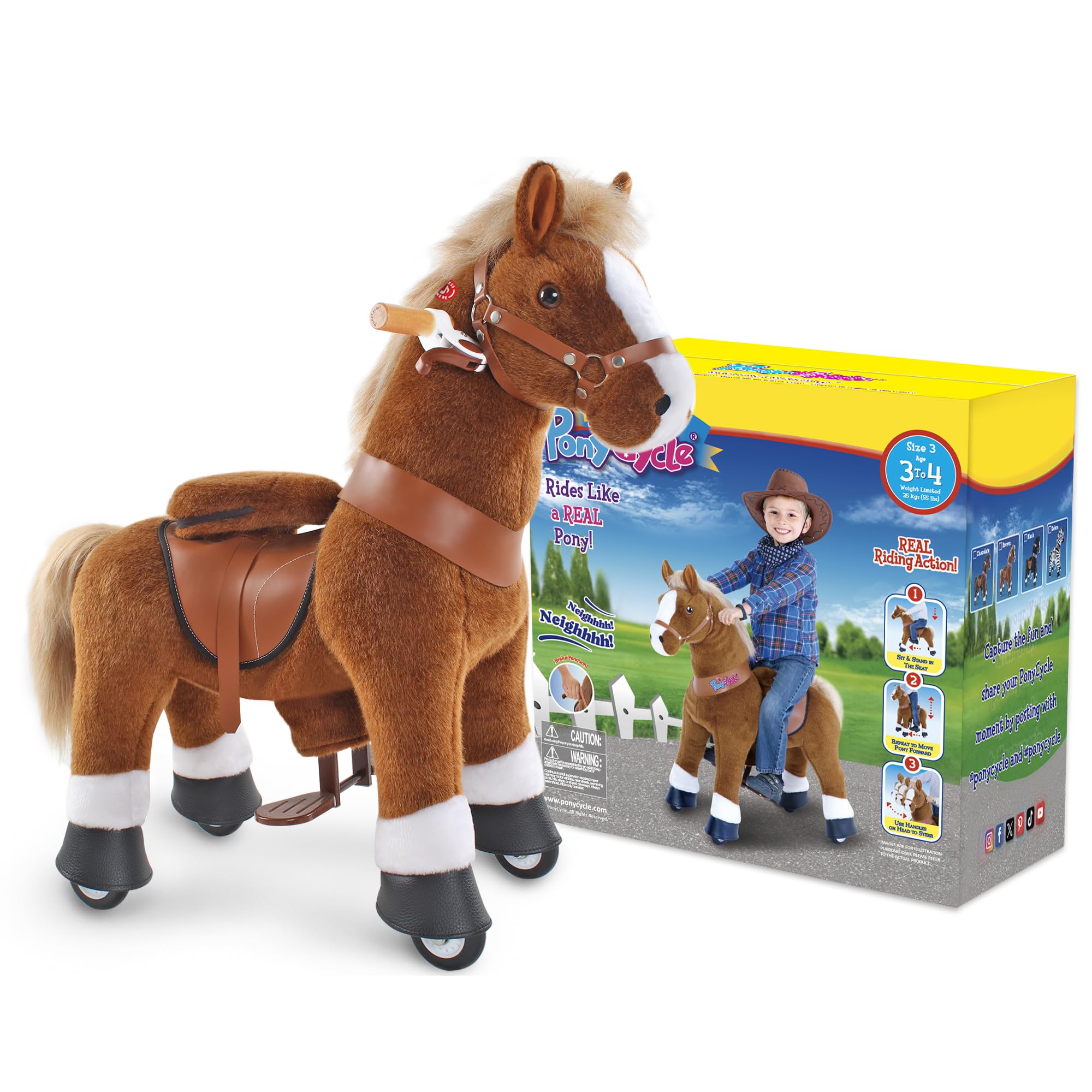PonyCycle Oficial Clásico Modelo U Pony para Montar Balancin con Ruedas Caballo Juguete Grande Peluche de Caballo Infantil (con Freno y Sonido/Talla 3 para Edades de 3-4 años) Caballo Marrón Ux324