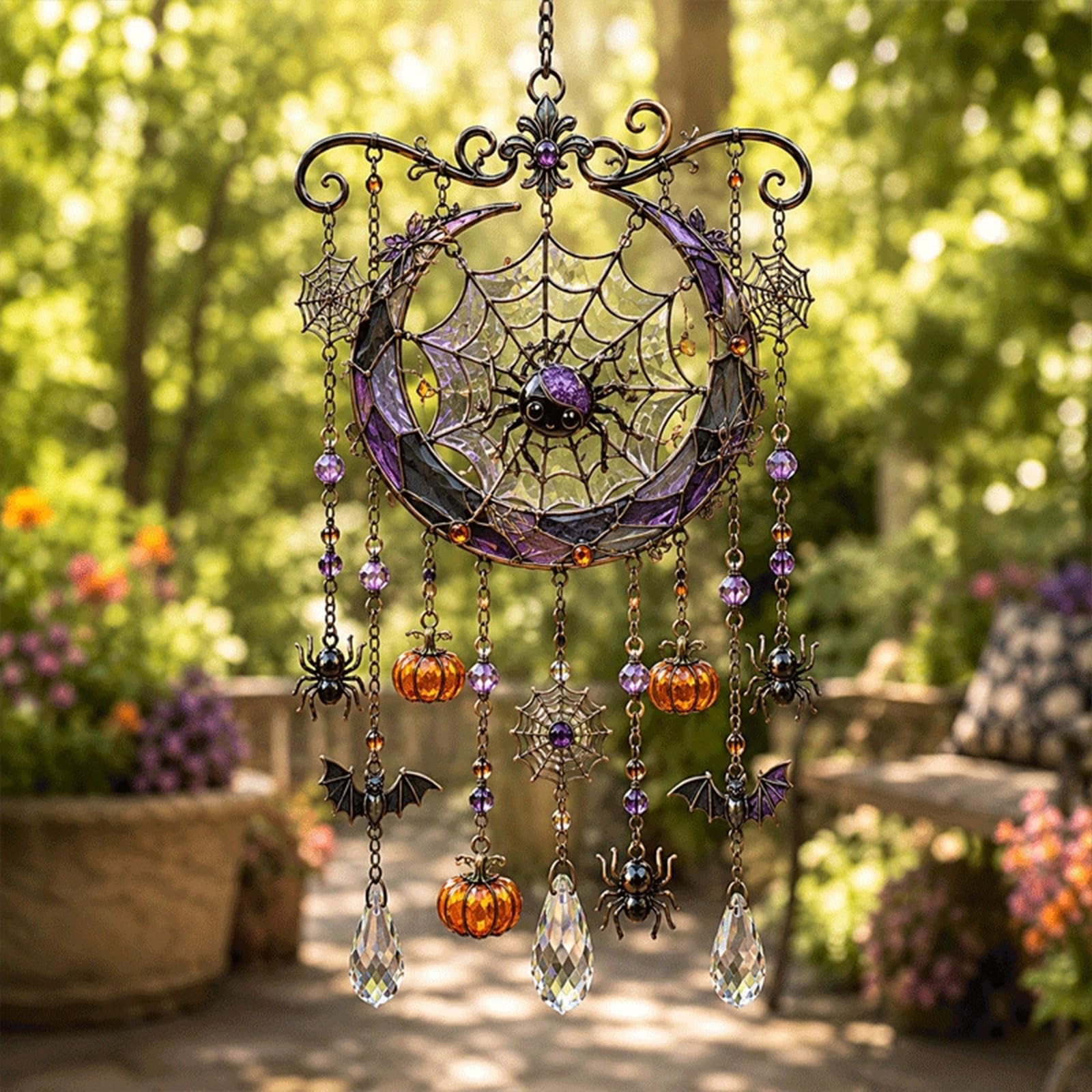 Halloween-Themed Crystal Wind Chime, Halloween Glass Suncatcher Wind Chime