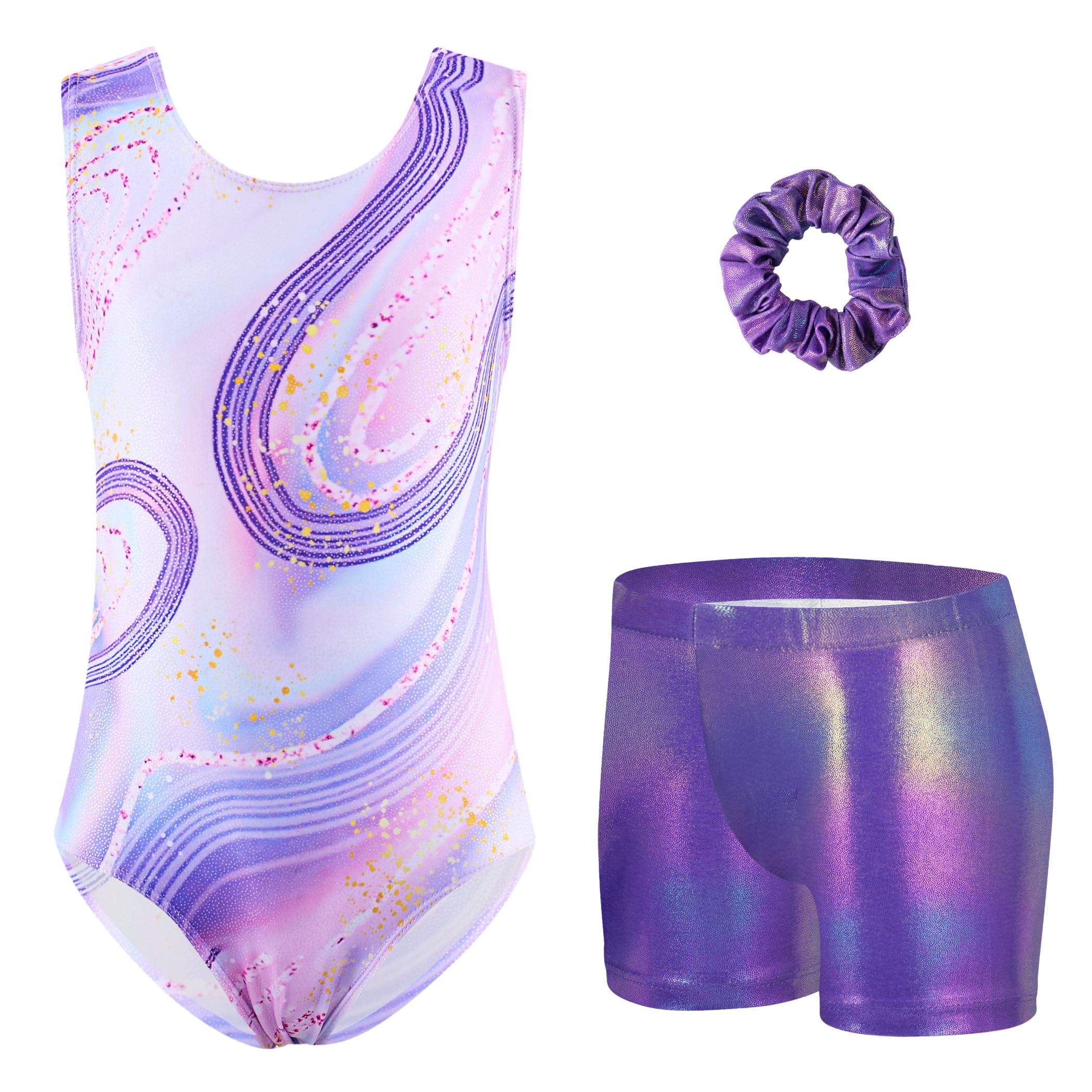 Girls Gymnastics Leotard Sleeveless 3 Piece Gymnastik Suit Printed Kids Gymnastik Outfit Training Leotard Sparkly Gymnastics Bodysuit Set Dancewear 3-10 Years