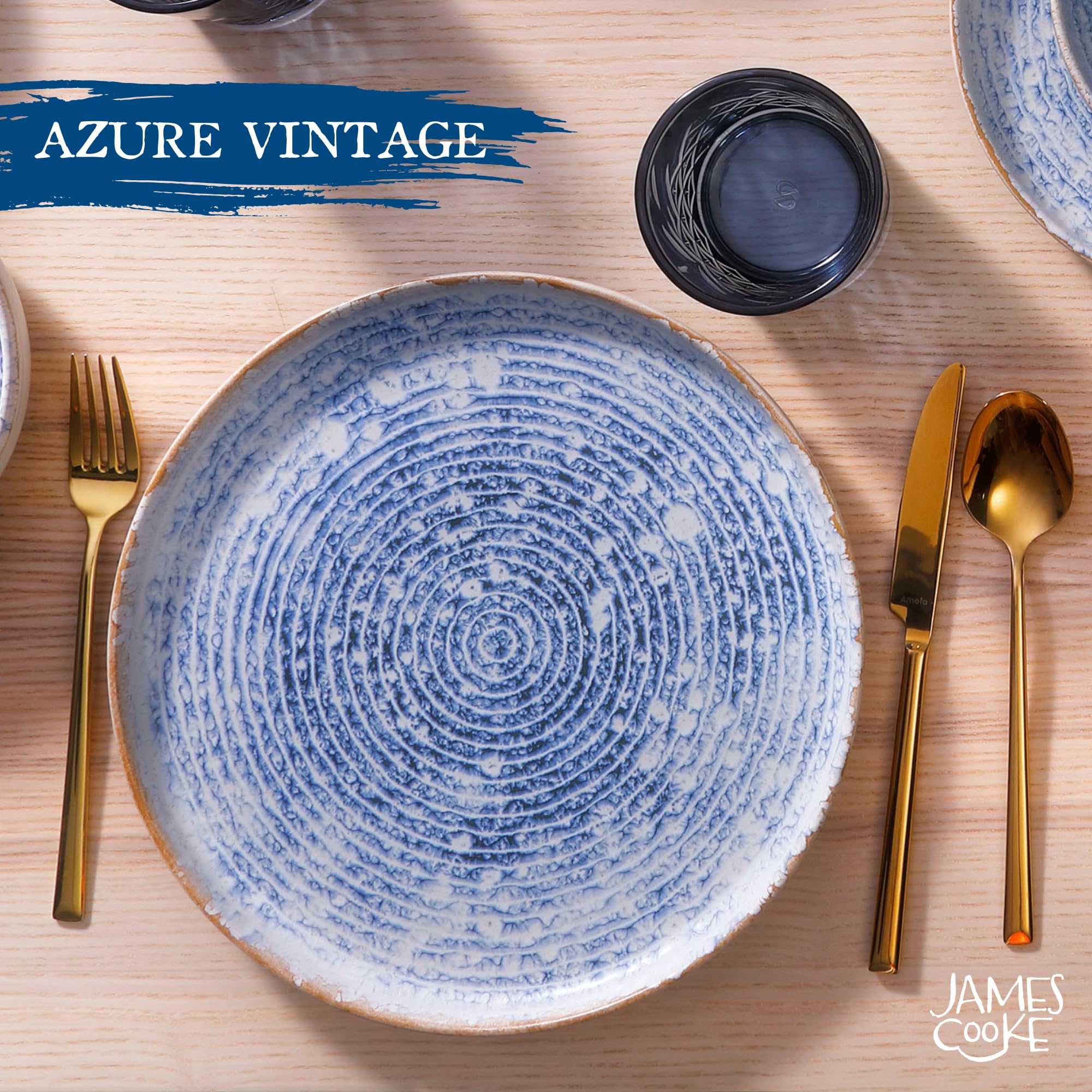 James Cooke Azure Vintage Steinzeug Geschirr-Set für 6 Personen - 24-Teilig - weiss blau gestreift, Relief Oberfläche - Spülmaschinen-, Ofen- & Mikrowellenfest