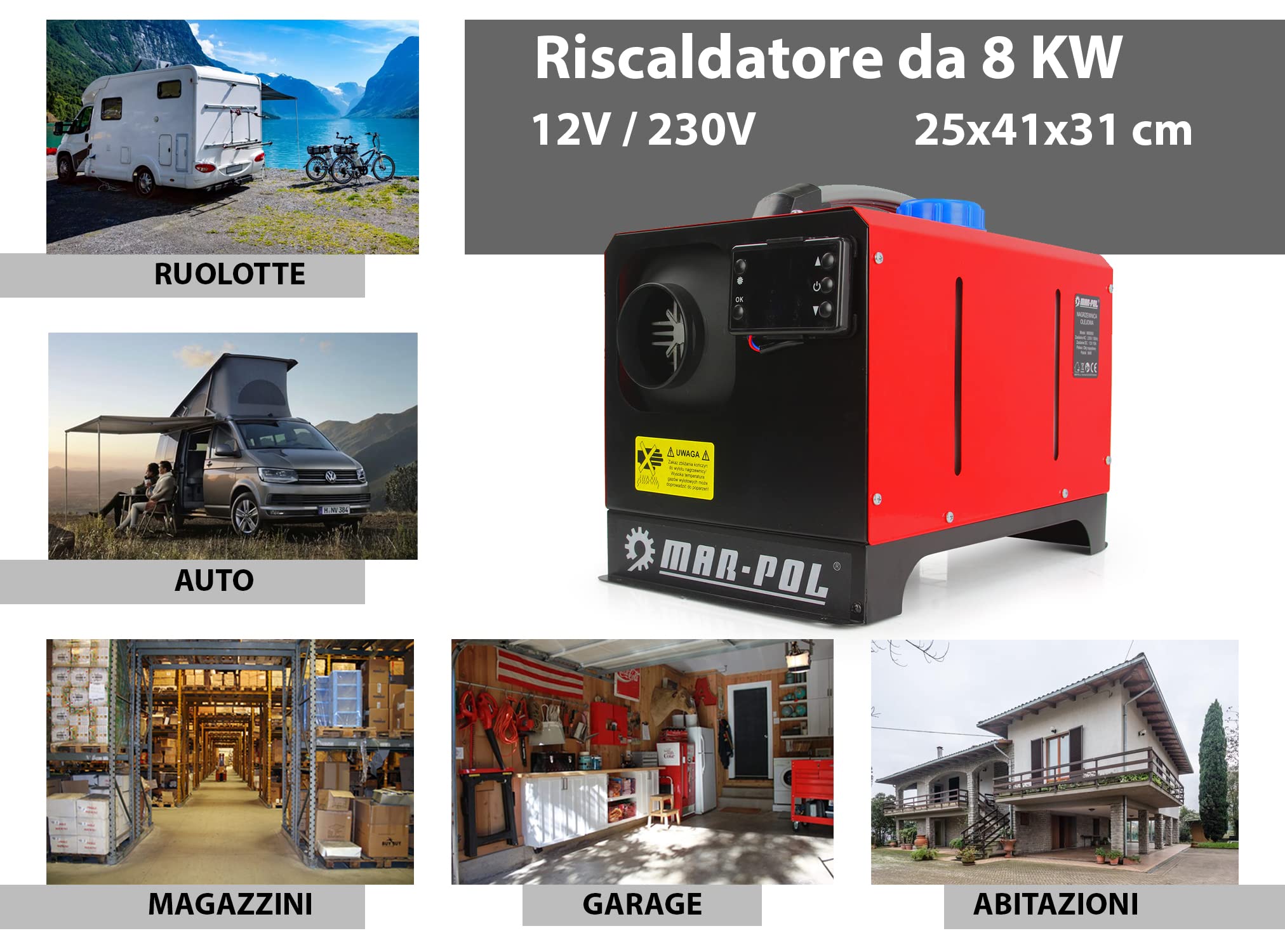 IMJ-Global Podgrzewacz Powietrza Kuchenka Diesel Diesel 12V/230V 8KW Przenośny, Monitor LCD z Pilotem do Domu Samochodowego Garaż Magazyny