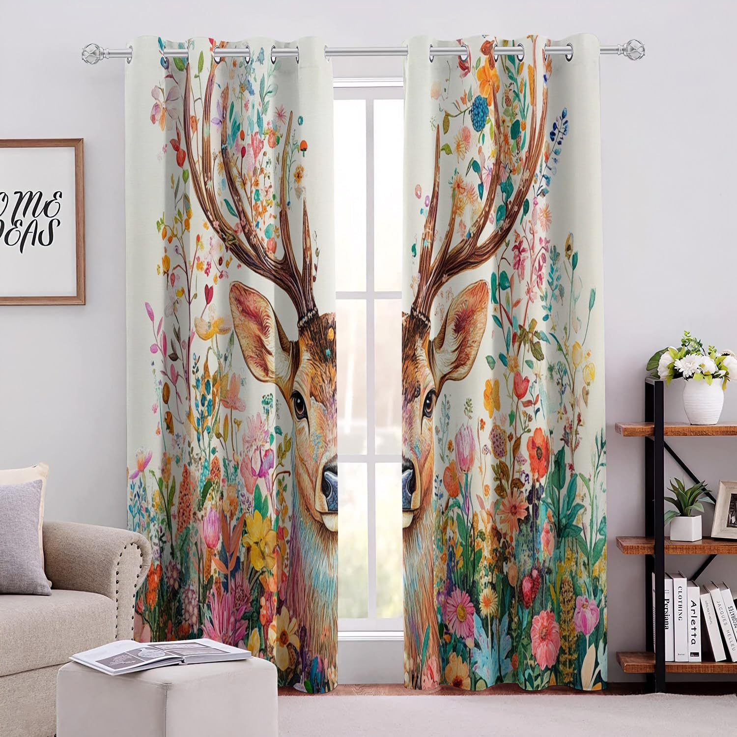 Generisch REH Vorhänge Wohnzimmer Modern Blickdichte Gardinen Bunte Blumen Tier Hirsch Ösenvorhang 2er Set Verdunklungsvorhänge Thermovorhang Übergardinen mit Ösen, H 175 x B 140 cm