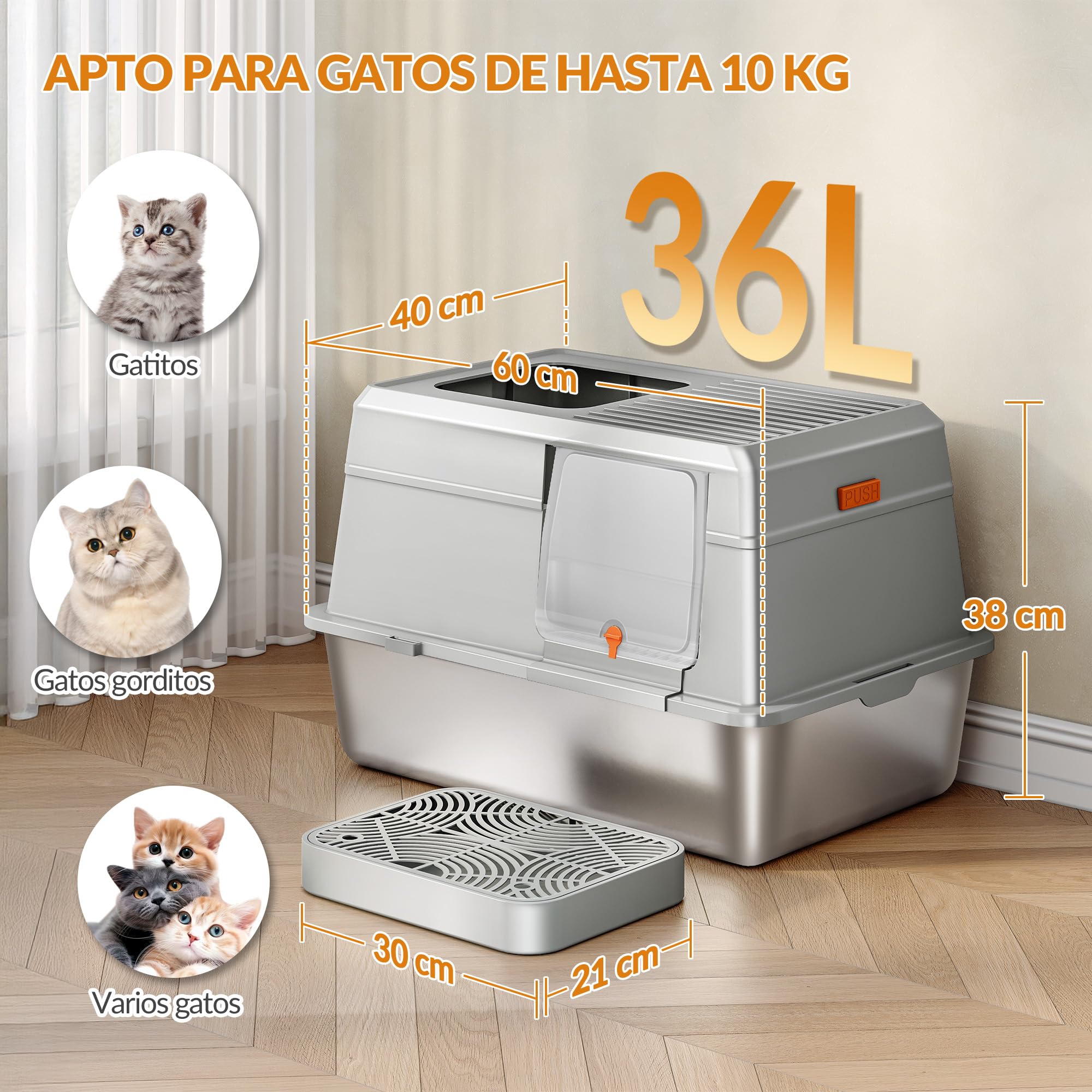 Arenero Acero Inoxidable Gatos XXL, 60 x 40 x 38 cm, Gris Claro | Caja Sanitaria Cerrada con Tapa, con Escalón y Pala, Fácil de Limpiar, Doble Entrada, Diseño Desmontable FPLB204SG1