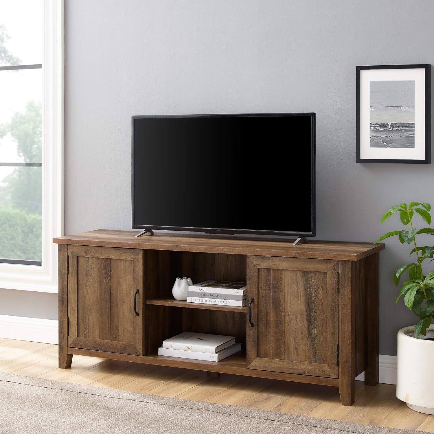 Walker Edison Buren Classic Grooved Door TV Stand for TVs up to 65 Inches, 58 Inch, Rustic Oak : Home & Kitchen