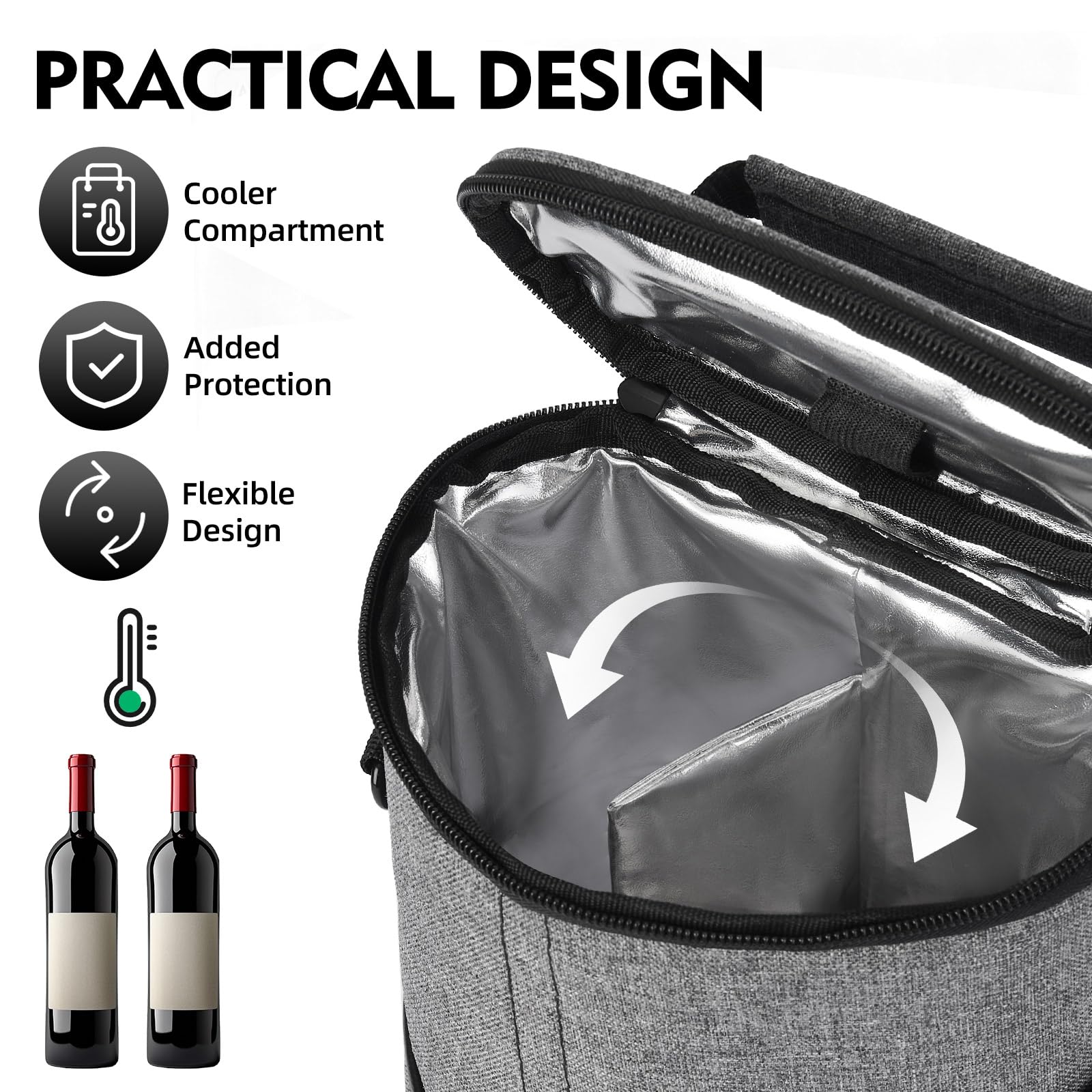 ALLCAMP 2 Bottle Wine Tote Carrier - Insulated Portable Padded Canvas Wine Bag for Travel, BYOB Restaurant, Wine Tasting, Party, Great Christmas Day Gift for Wine Lover，Gray