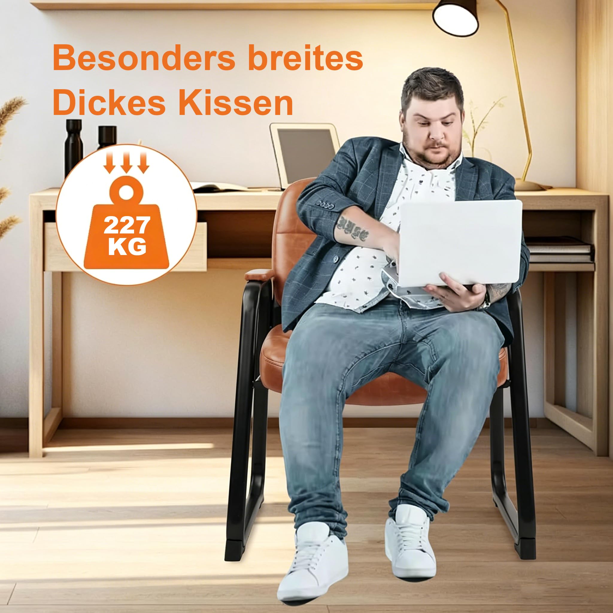 CLATINA Großer Wartezimmersessel Bequemer Gepolsterter Stuhl mit Armlehnen Stabile Kufenfüße ohne Räder Für Büro Empfang Praxis Gästezimmer und Wartebereich Modernes Braun 4er Set