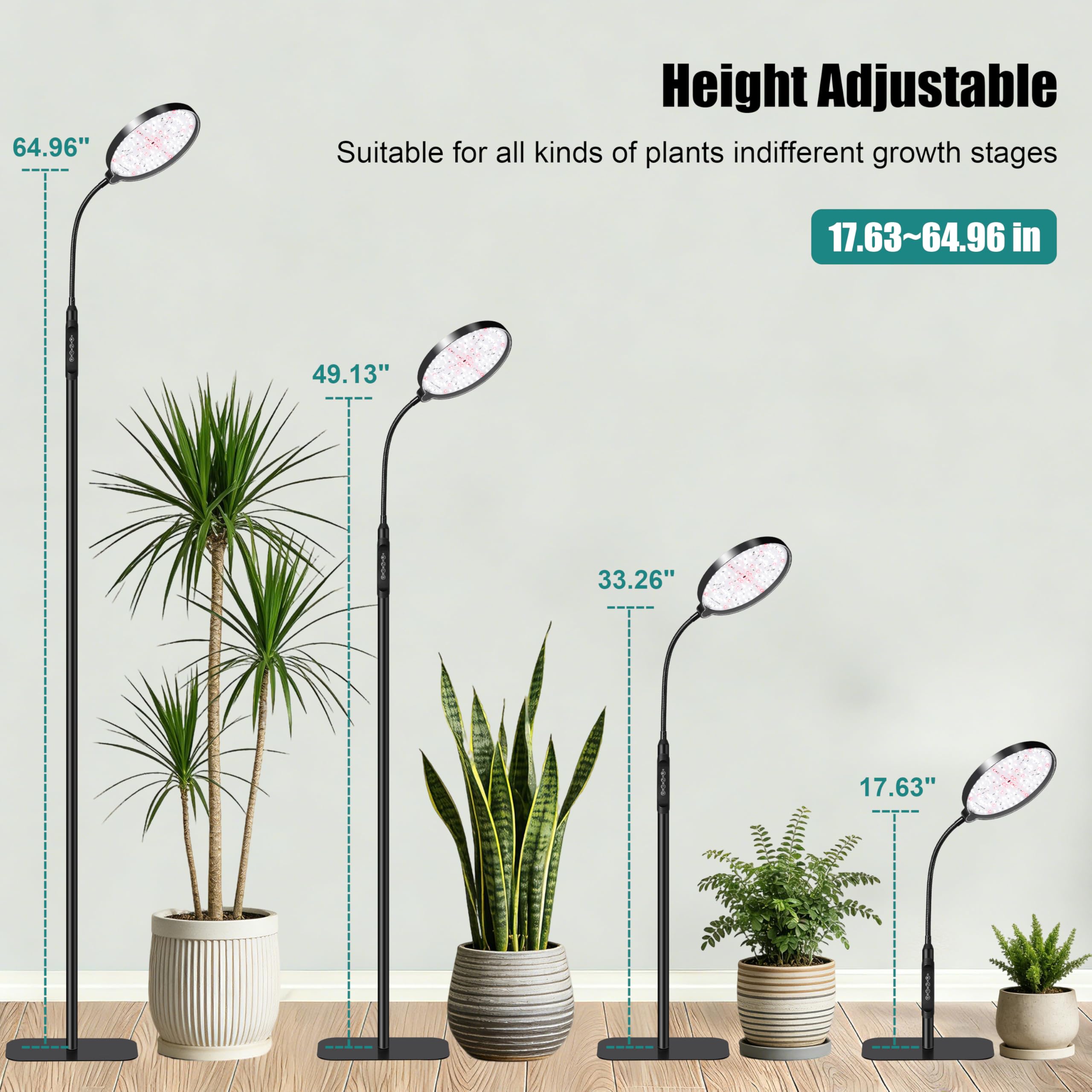 Lámpara para plantas de interior, soporte de espectro completo, mando a distancia y temporizador de 4/8/12/18h, 3 modos, 10 niveles de atenuación, soporte estable para plantas altas hierbas suculentas
