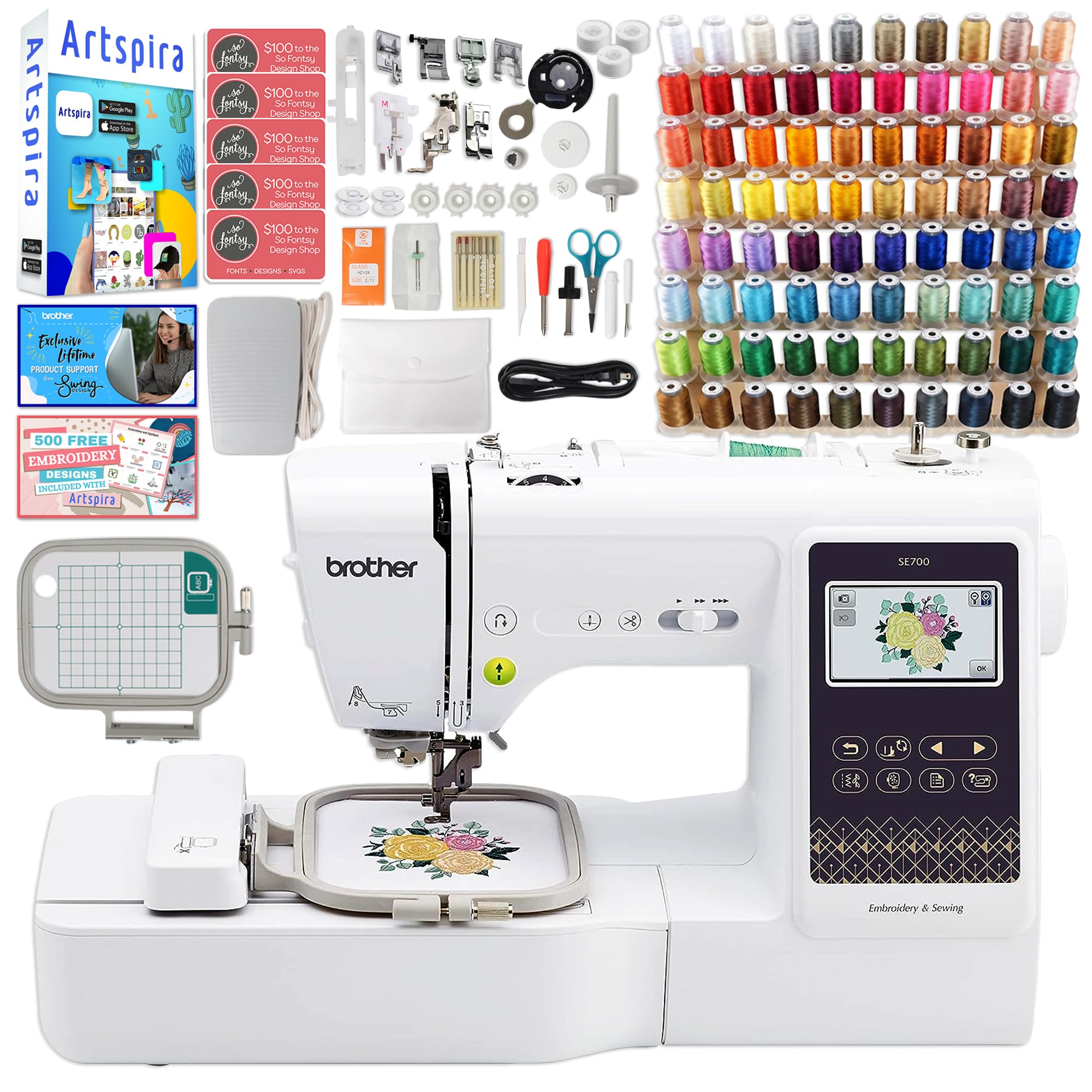 SE700 Combo 2-in-1 Embroidery & Sewing Machine with 80 Embroidery Spools & Accessories