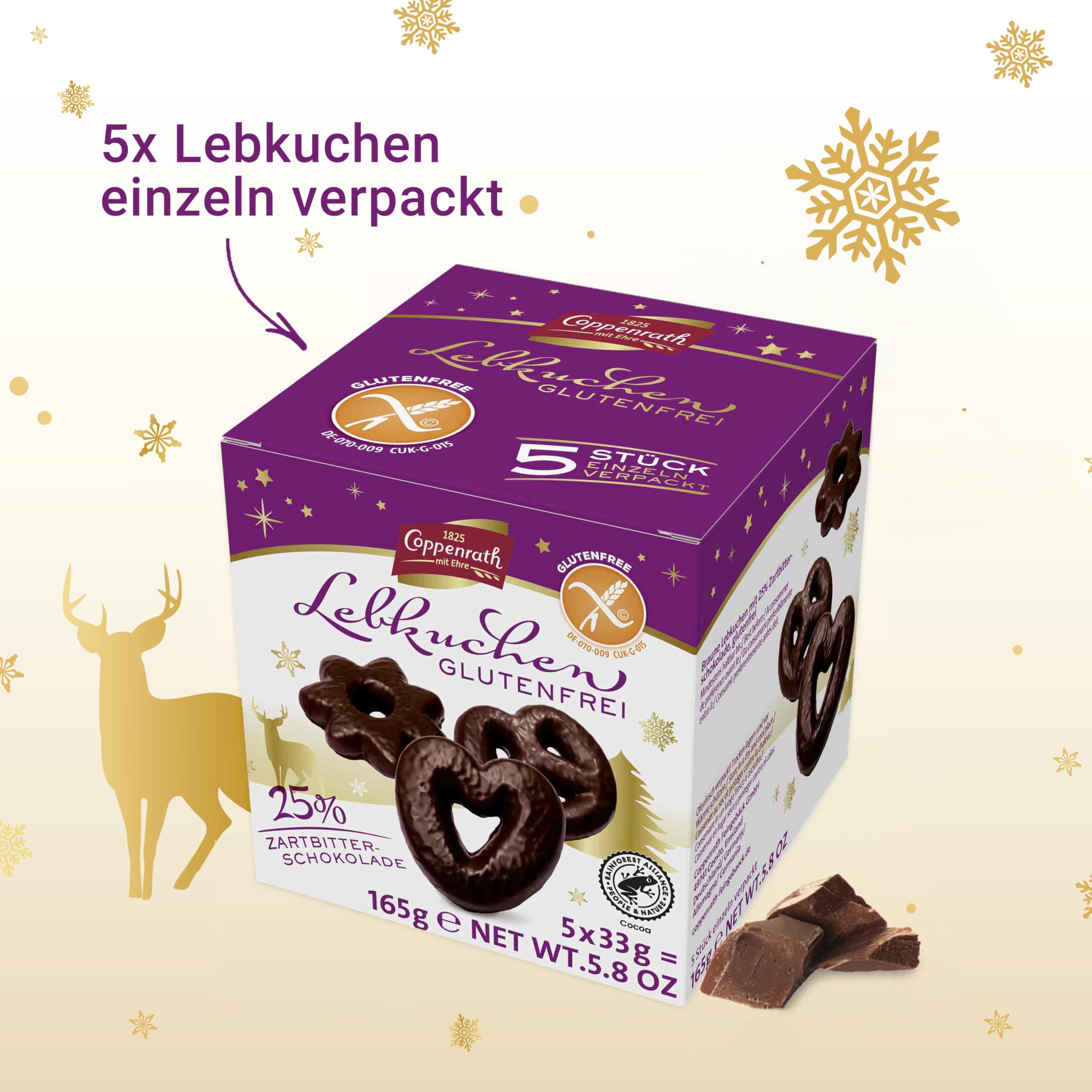 Coppenrath Glutenfreie Lebkuchen 165 g – Mit 25% Zartbitterschokolade überzogen – Weihnachtliche Gebäckspezialität für Zöliakie-Betroffene & glutenfreie Ernährung