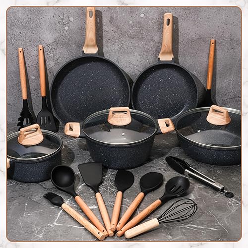 Miniatura 3 de Juego de 20 ollas y sartenes de silicona con soporte, sartenes y cacerolas de granito antiadherentes, utensilios de cocina para chef (negro)