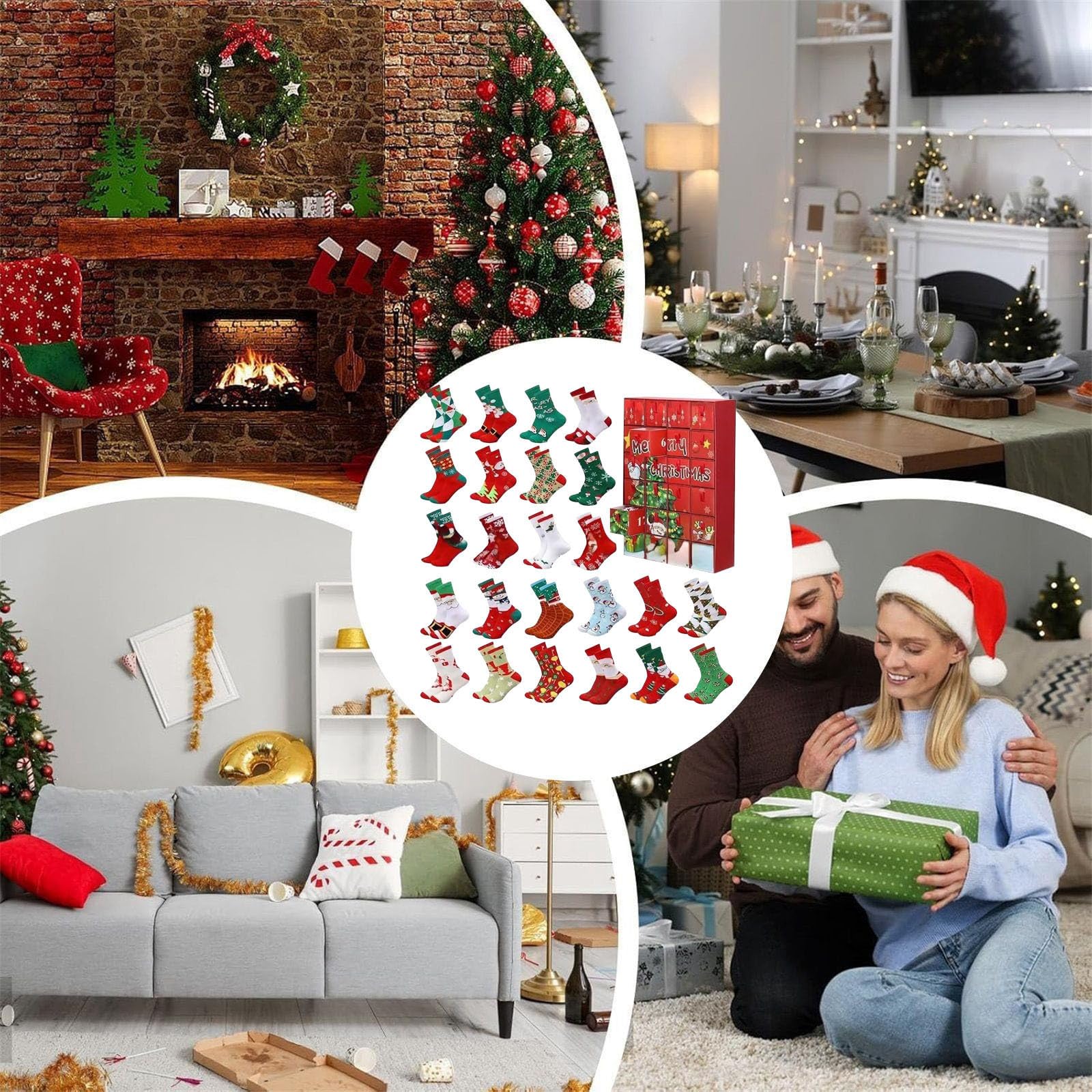 Generisch Adventskalender Socken 2025 Damen Herren 12/24 Paar Weihnachtssocken Bunte lustige Motiv Baumwollsocken Weihnachtskalender Warme Kuschelsocken One Size Unisex Frauen Männer