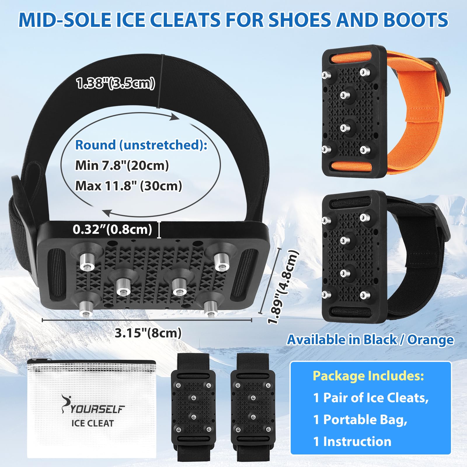 SYOURSELF Crampons à glace pour chaussures et bottes, semelle intermédiaire rotative, crampons de traction pour la neige et la glace, crampons antidérapants en tungstène pour homme et femme, pour