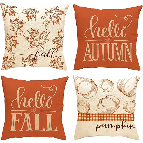 DESIHOM Fall Throw Pillow Covers 18x18 Inch Set of 4 Autumn Thanksgiving Pumpkin Throw Pillow Covers Fall Outdoor Couch Decorative Throw Pillow Covers