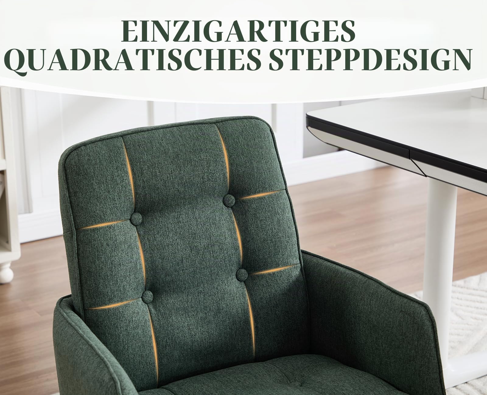 Bürostuhl, Homeoffice Stuhl mit Rollen, Grün | Arbeitsstuhl höhenverstellbar, aus Leinen, Drehstuhl Schreibtischstuhl für Homeoffice Büro