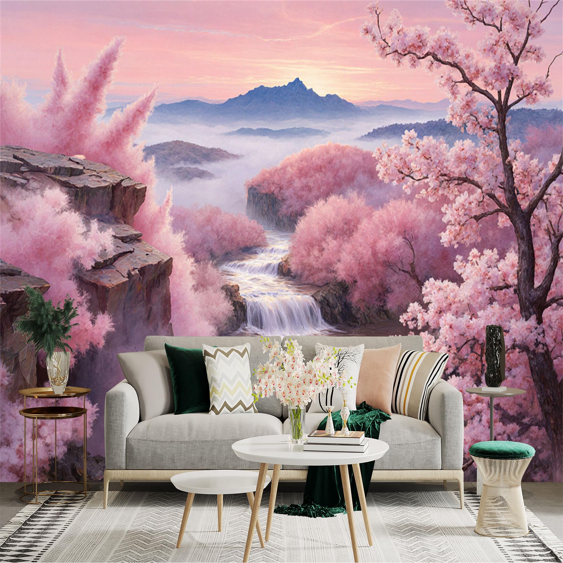 Lnzczhyre Xc260505696 Custom Size Wall Sticker Mural， Pink Cherry Blossoms， Flowing Waterfall， Misty Mountain Landscape， Serene Nature Scenery， For Wall Decoration， Peelandstick Wall Decals.