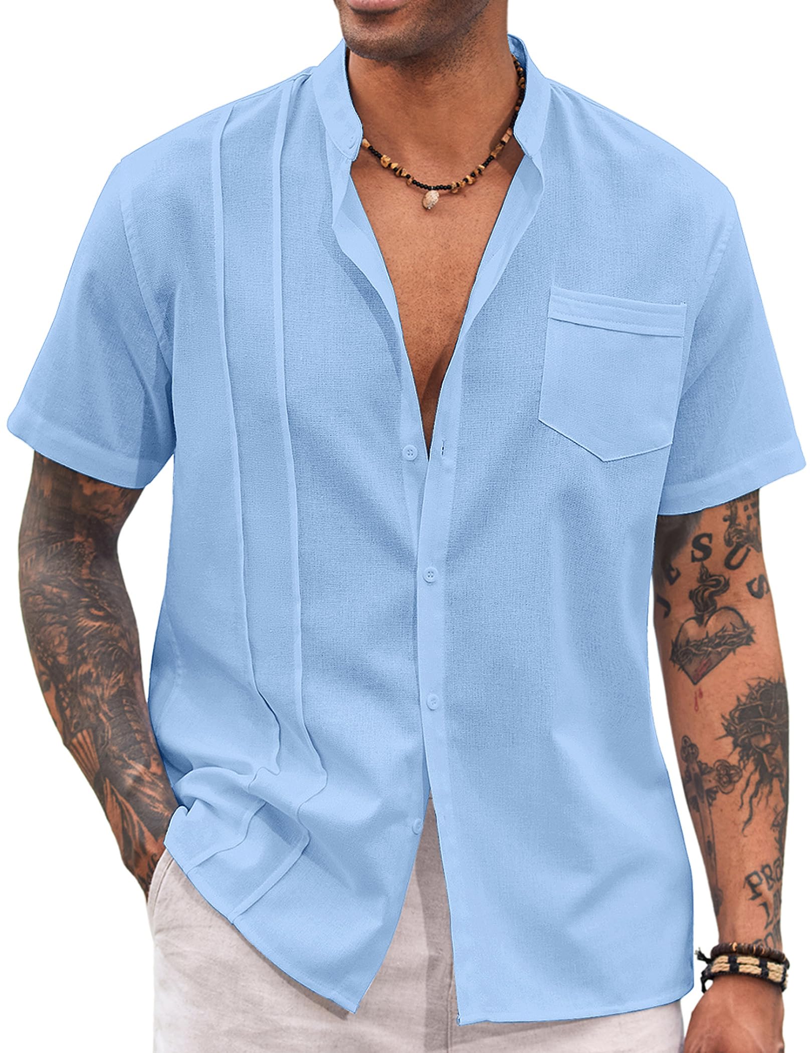 COOFANDYMen's Cuban Guayabera Shirt Cotton Linen Short Sleeve Button Down Shirts Casual Band Collar Summer Shirt