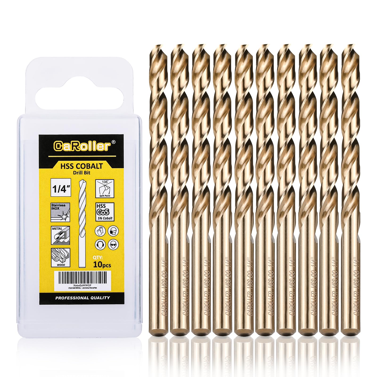 CaRoller 1/4 Inch Cobalt Drill Bit Sets,10 Pack 135 Degree Tip of M35 Length Twist Drill Bits with Storage Case for Hard Metal, Stainless Steel, Cast