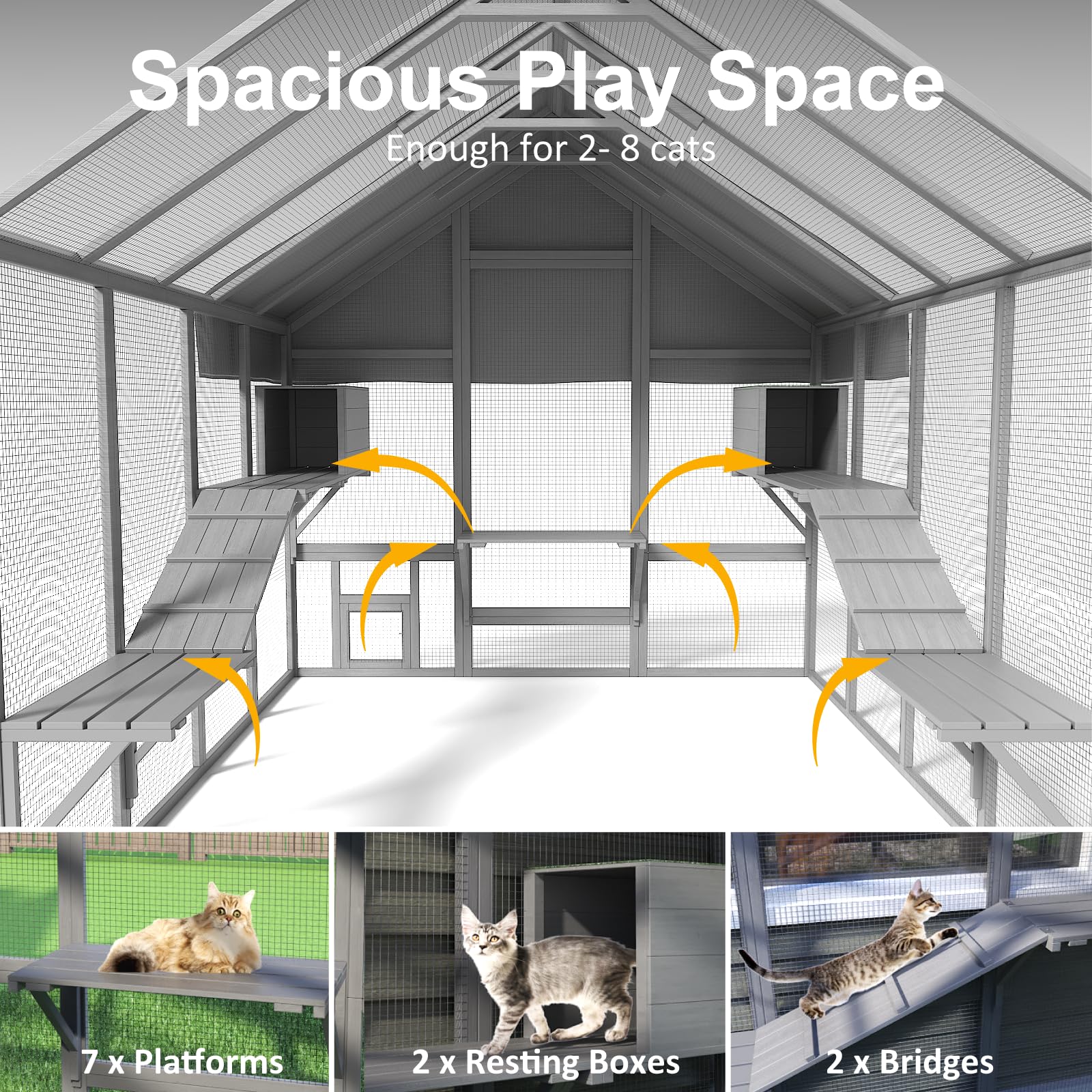 TIMHAKA Large Cat Catio, Catio Outdoor Cat Enclosure for Multiple Cats with 7 Platforms, 2 Resting Box and 2 Bridges, Wooden Feral Cat Shelter with Waterproof and UV Proof Canopy, 71 x 71 x 97 inch