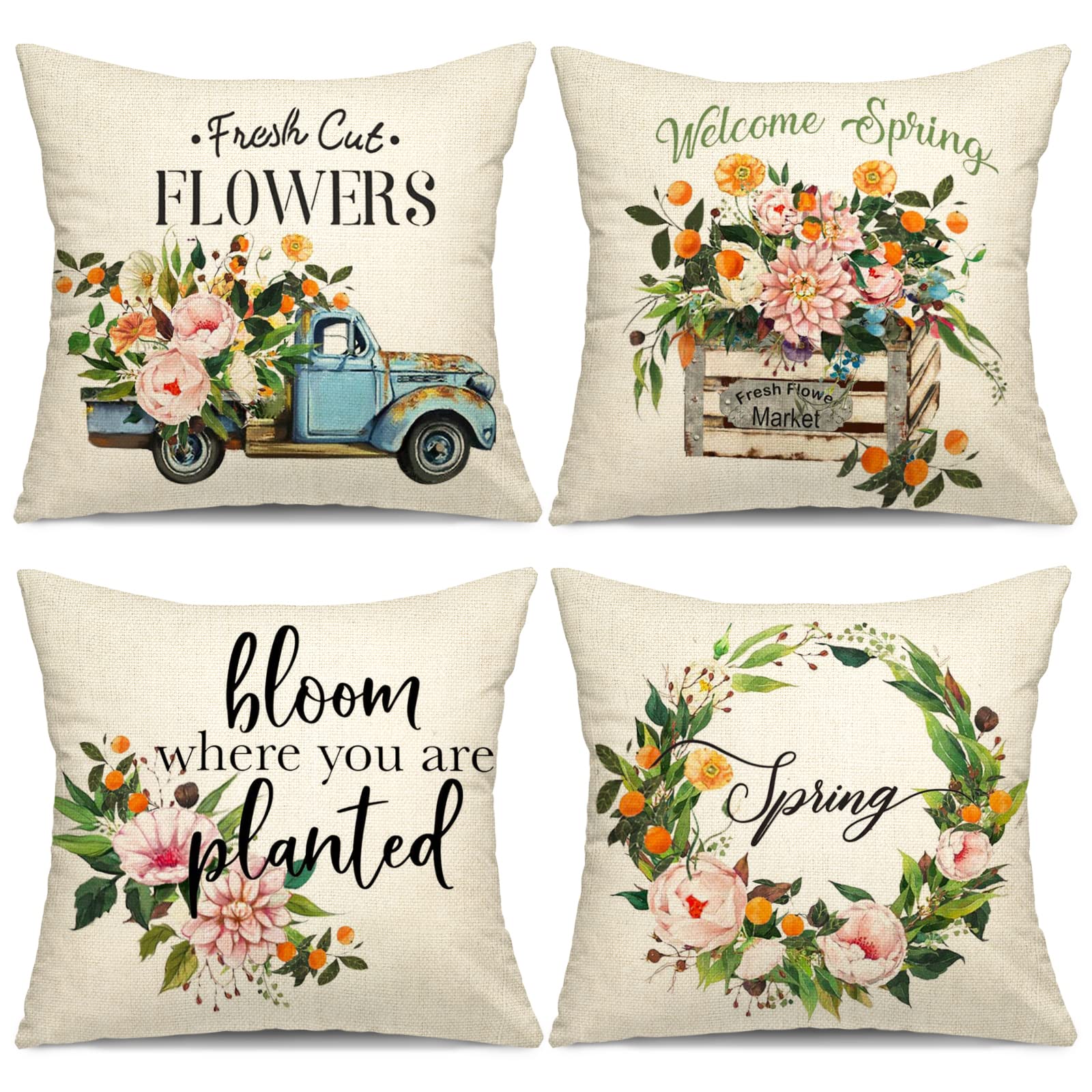 YGEOMER Farmhouse Pillow Covers 18x18 Set of 4, Spring Pillow Covers, Farmhouse Flower Decorative Throw Pillow Covers, Outdoor Home Decor