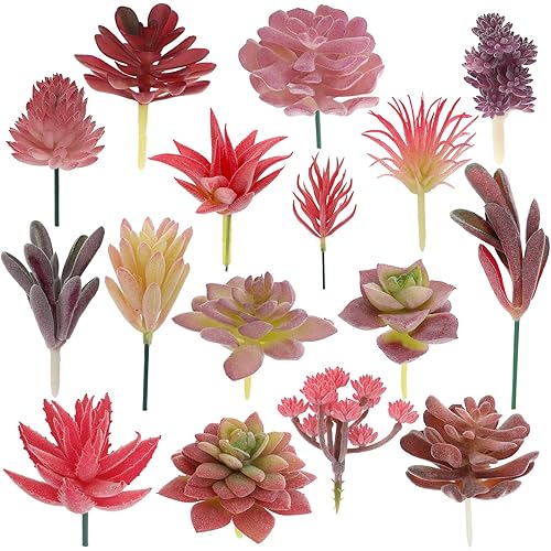 Augshy Succulents Plants Artificial, 16 Pack Fake Plants Mini Artificial Succulent Plants for Craft, Assortment in Flocked Pink Floral Living Room Shelves Bedroom Decoration Garden & Outdoor