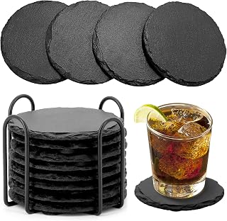 8 Pack Round Black Slate Stone Coasters, VFINE Handmade Natural Edge Stone Cup Coaster for Bar Kitchen Home Decor, 4 Inches in Diameter