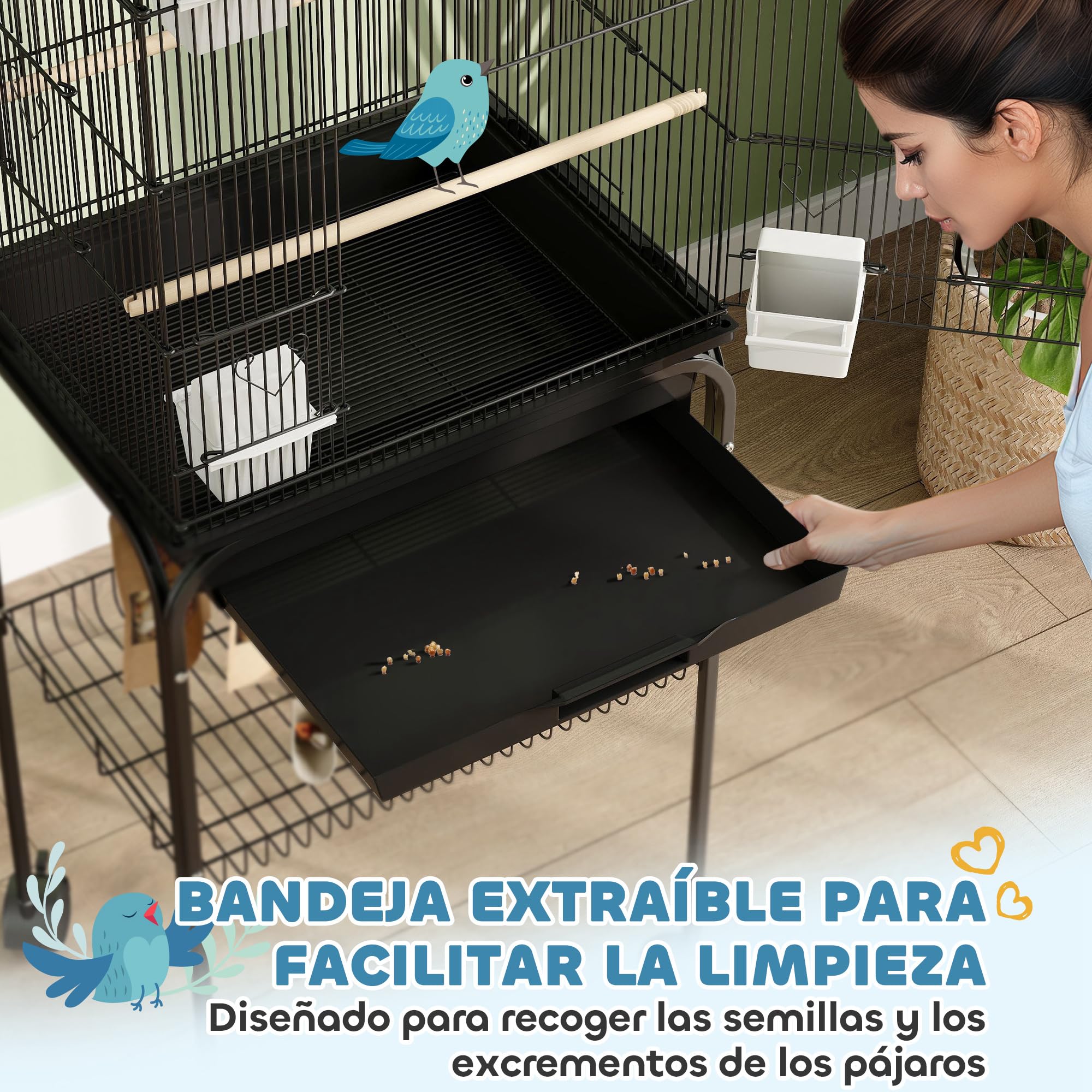 PawHut Jaula para Pájaros con Ruedas Pajarera de Acero 50,5x41x163 cm con Comederos Perchas Columpio y Bandeja Extraíble Jaula Grande para Loros Canario Periquito Negro